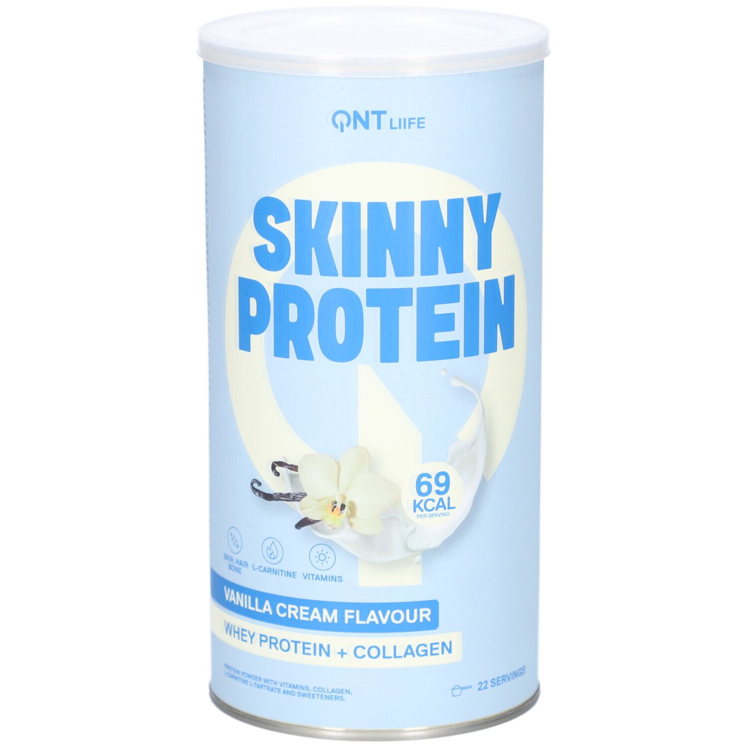 Zylindrische Dose mit QNT Liife Skinny Protein. Aufschrift: Skinny Protein, Vanille-Sahne-Geschmack, Molkenprotein + Kollagen. Abbildung: Vanilleblüte.