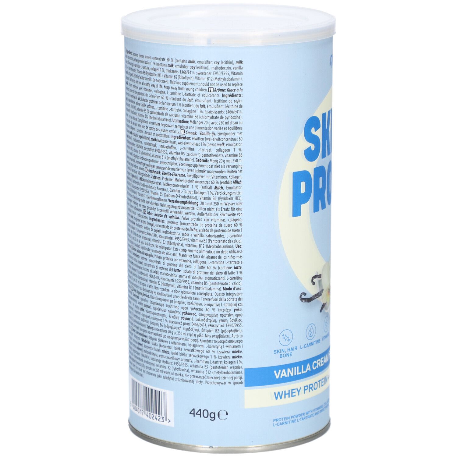 Rückseite der zylindrischen Dose mit QNT Liife Skinny Protein. Text in mehreren Sprachen. Aufschrift: Vanille-Sahne-Geschmack, Molkenprotein + Kollagen. Gewicht: 440g.