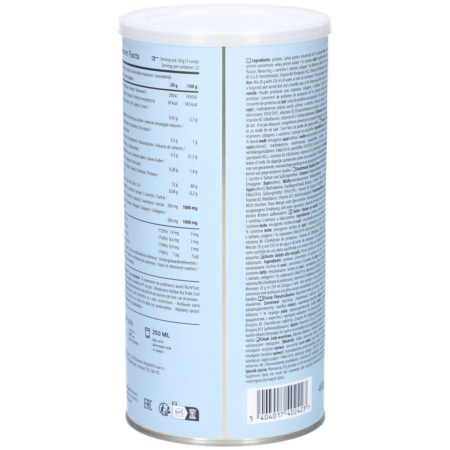 Rückseite der zylindrischen Dose mit QNT Liife Skinny Protein. Nährwertangaben und Zutatenliste. Aufschrift: Vanille-Sahne-Geschmack, Molkenprotein + Kollagen.