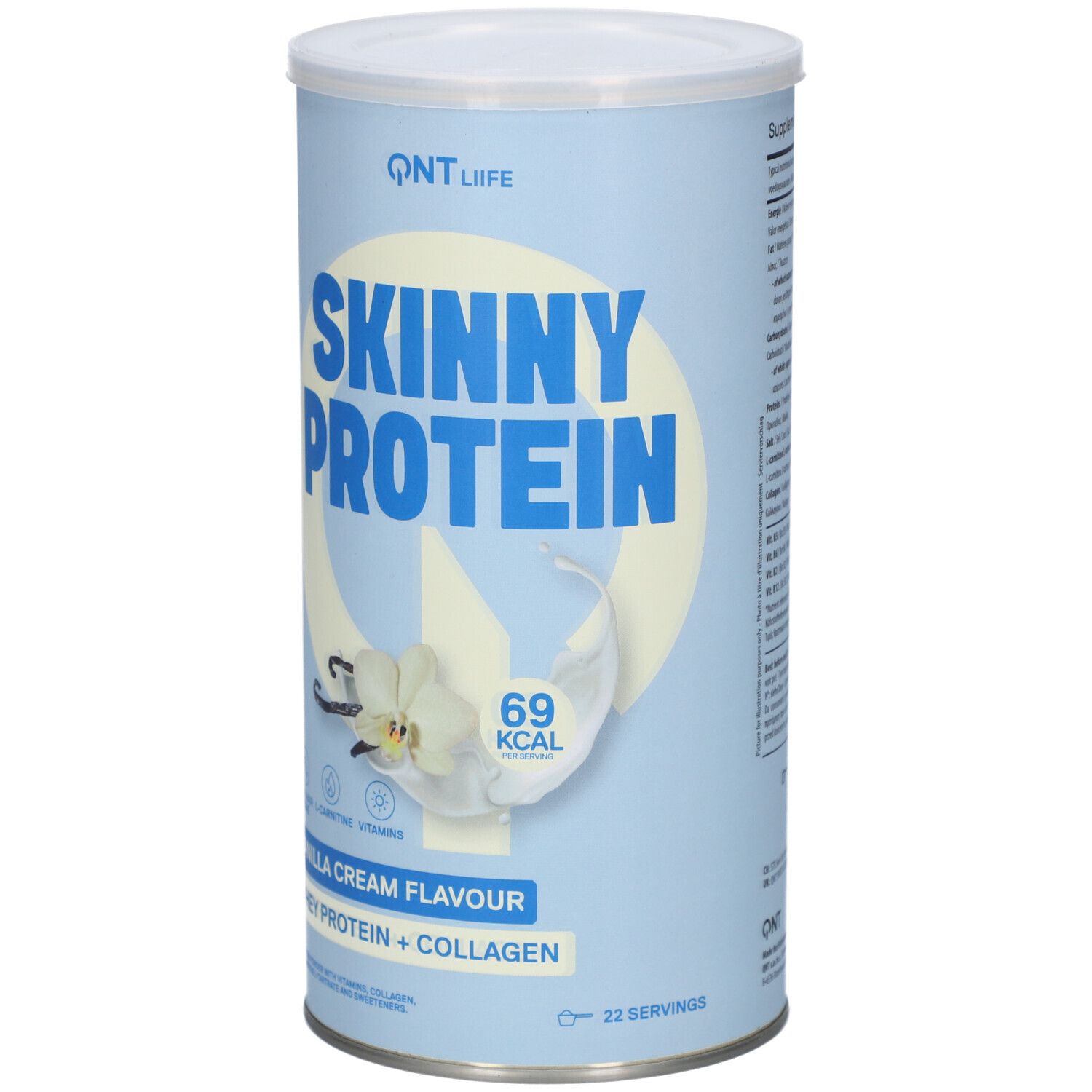 Zylindrische Dose mit QNT Liife Skinny Protein. Aufschrift: Skinny Protein, Vanille-Sahne-Geschmack, Molkenprotein + Kollagen. Abbildung: Vanilleblüte.