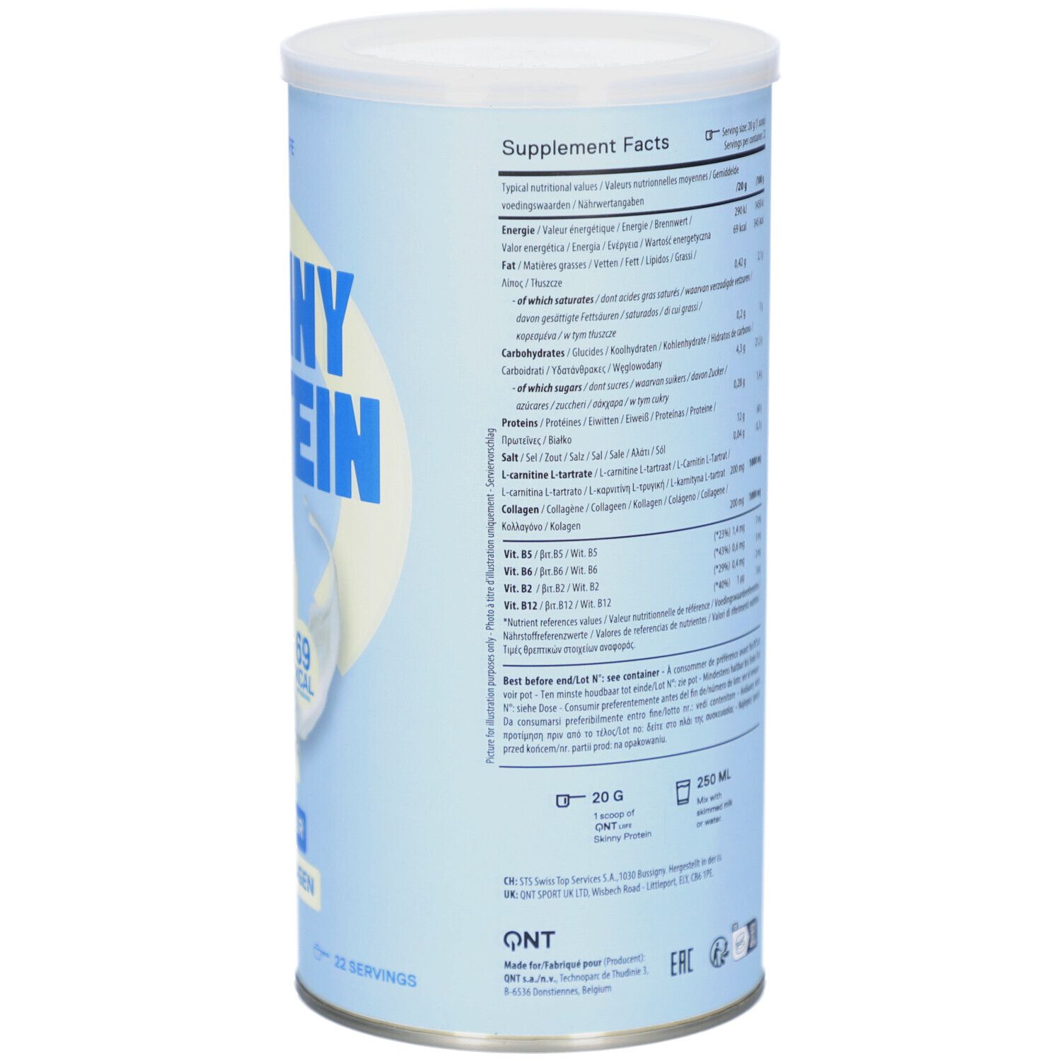 Rückseite der zylindrischen Dose mit QNT Liife Skinny Protein. Nährwertangaben und Zutatenliste. Aufschrift: Skinny Protein, Vanille-Sahne-Geschmack, Molkenprotein + Kollagen.