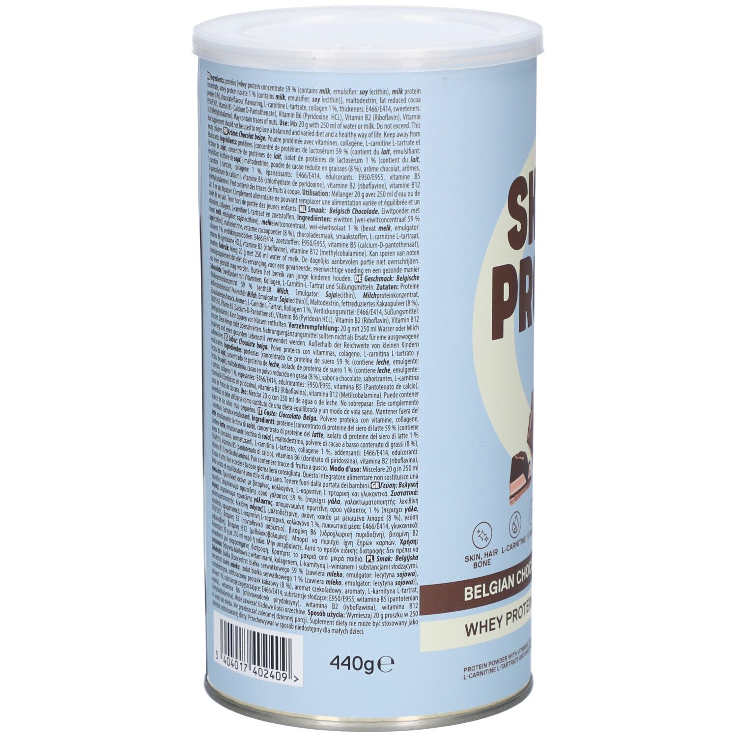 Rückseite der Dose mit Skinny Protein. Text in mehreren Sprachen. Angaben zu Inhaltsstoffen und Nährwerten.