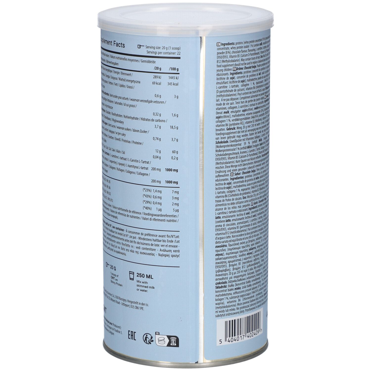 Rückseite der Dose mit Skinny Protein. Nährwertangaben in mehreren Sprachen. Angaben zu Inhaltsstoffen.