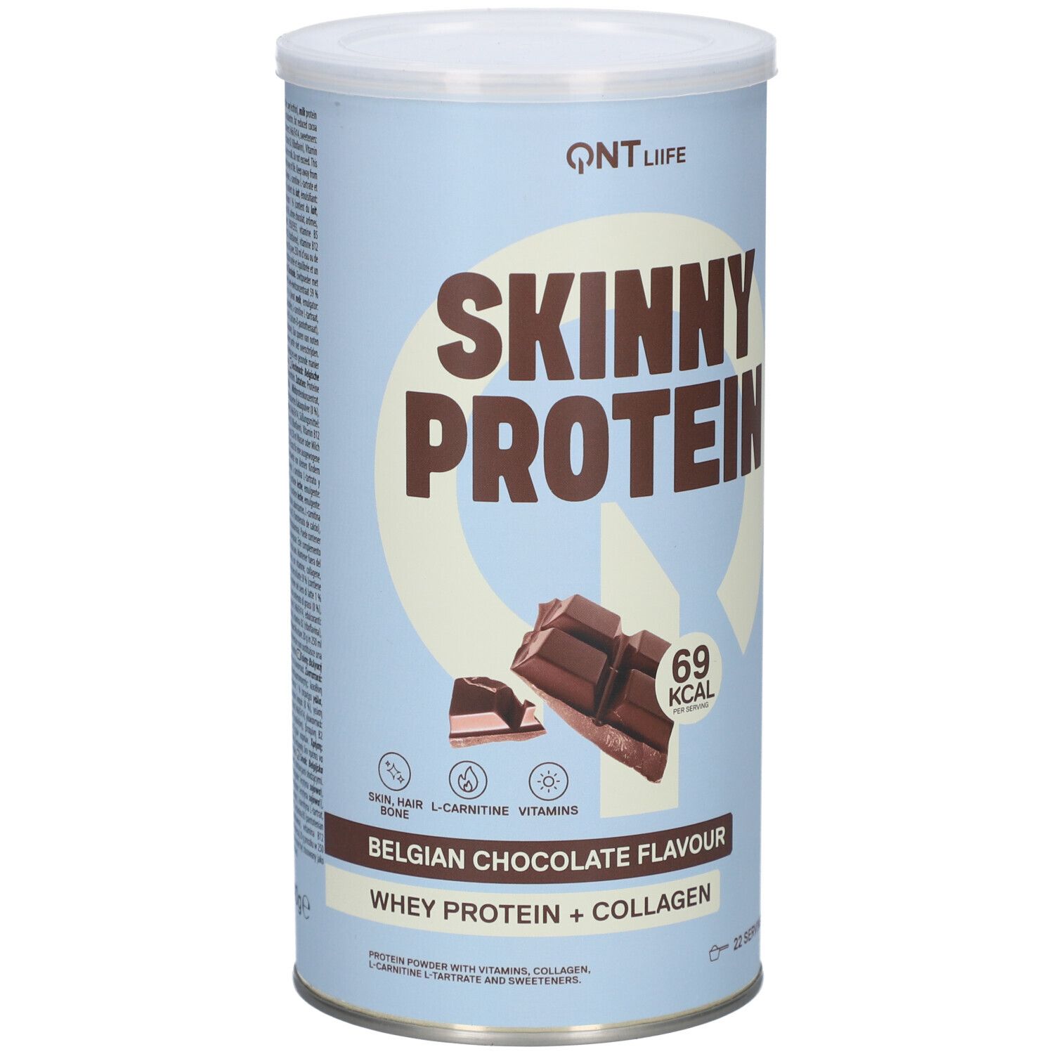 Zylinderdose mit Skinny Protein. Aufschrift: Belgian Chocolate Flavour, Whey Protein + Collagen. Abbildung von Schokolade.