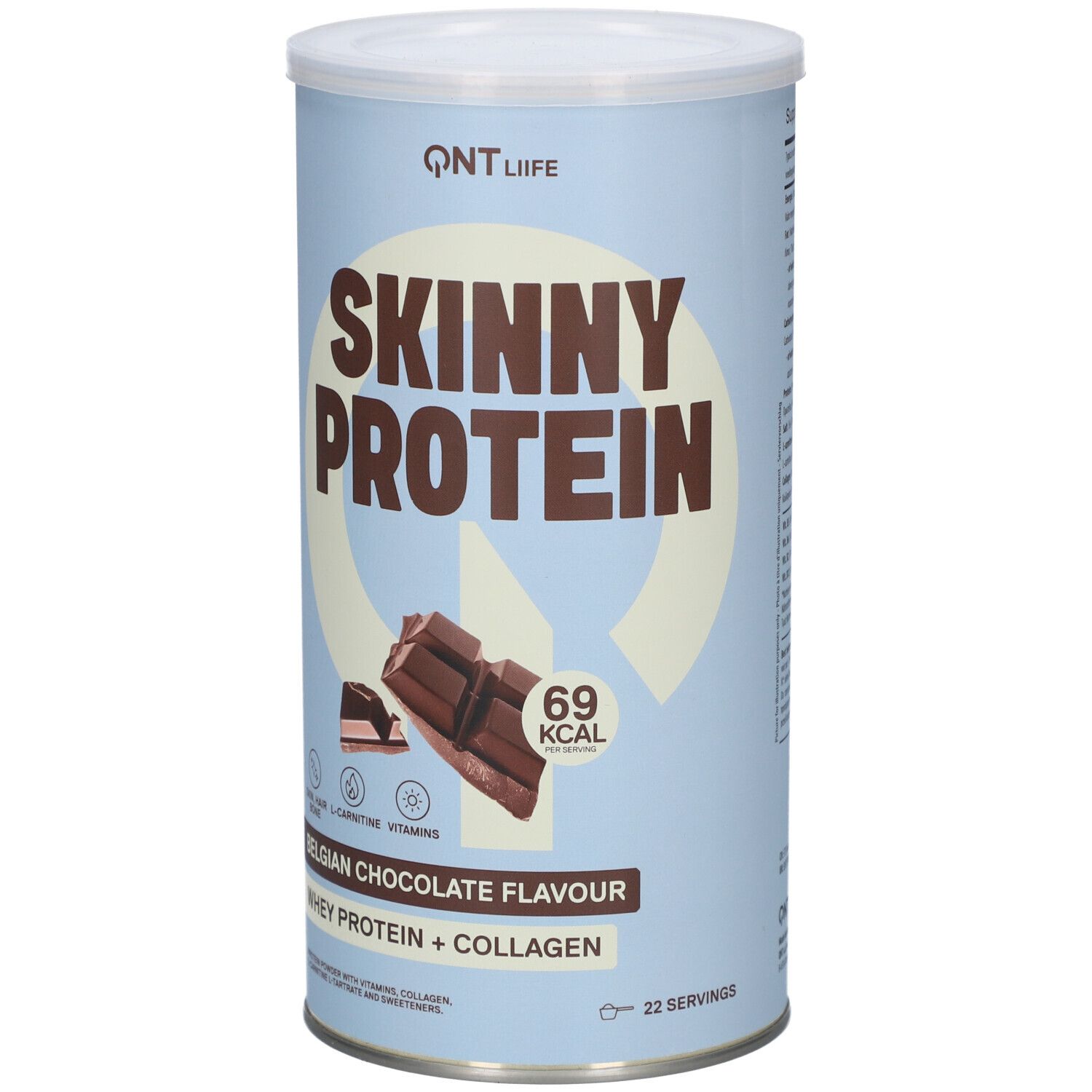Zylinderdose mit Skinny Protein. Aufschrift: Belgian Chocolate Flavour, Whey Protein + Collagen. Abbildung von Schokolade.