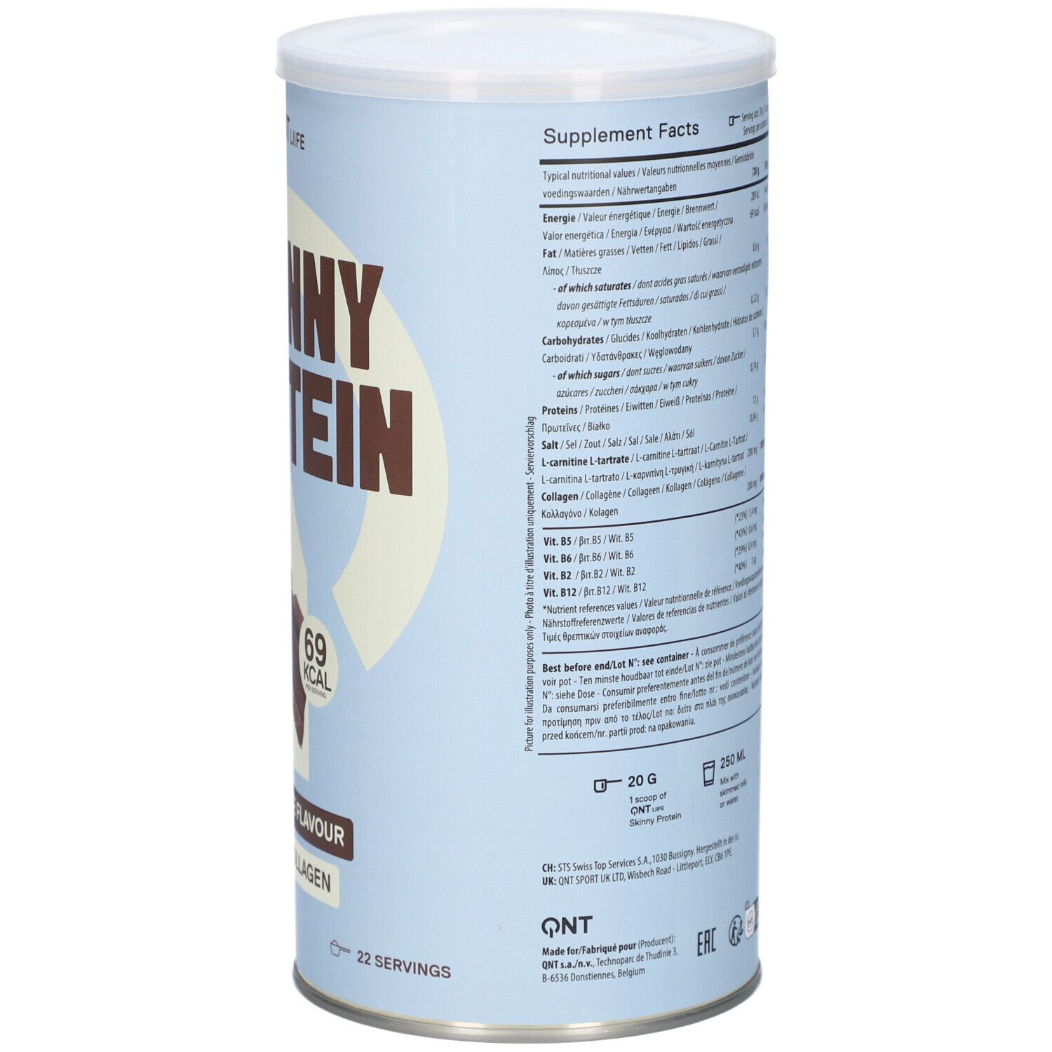 Rückseite der Dose mit Skinny Protein. Nährwertangaben und Inhaltsstoffe. Text in mehreren Sprachen.