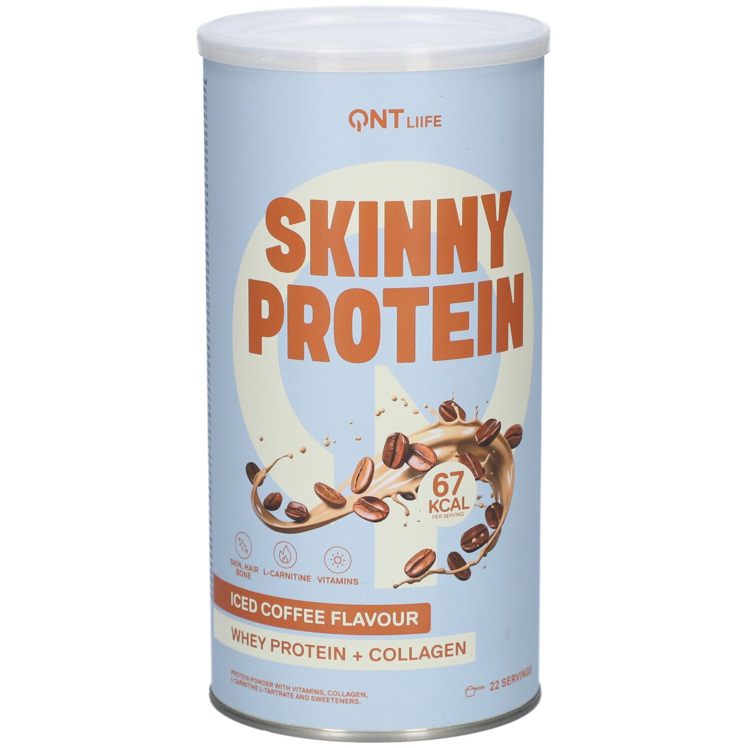 Zylindrische Dose mit weißem Deckel. Aufschrift: Skinny Protein, Iced Coffee Flavour, Whey Protein + Collagen. Abbildung von Kaffeebohnen.