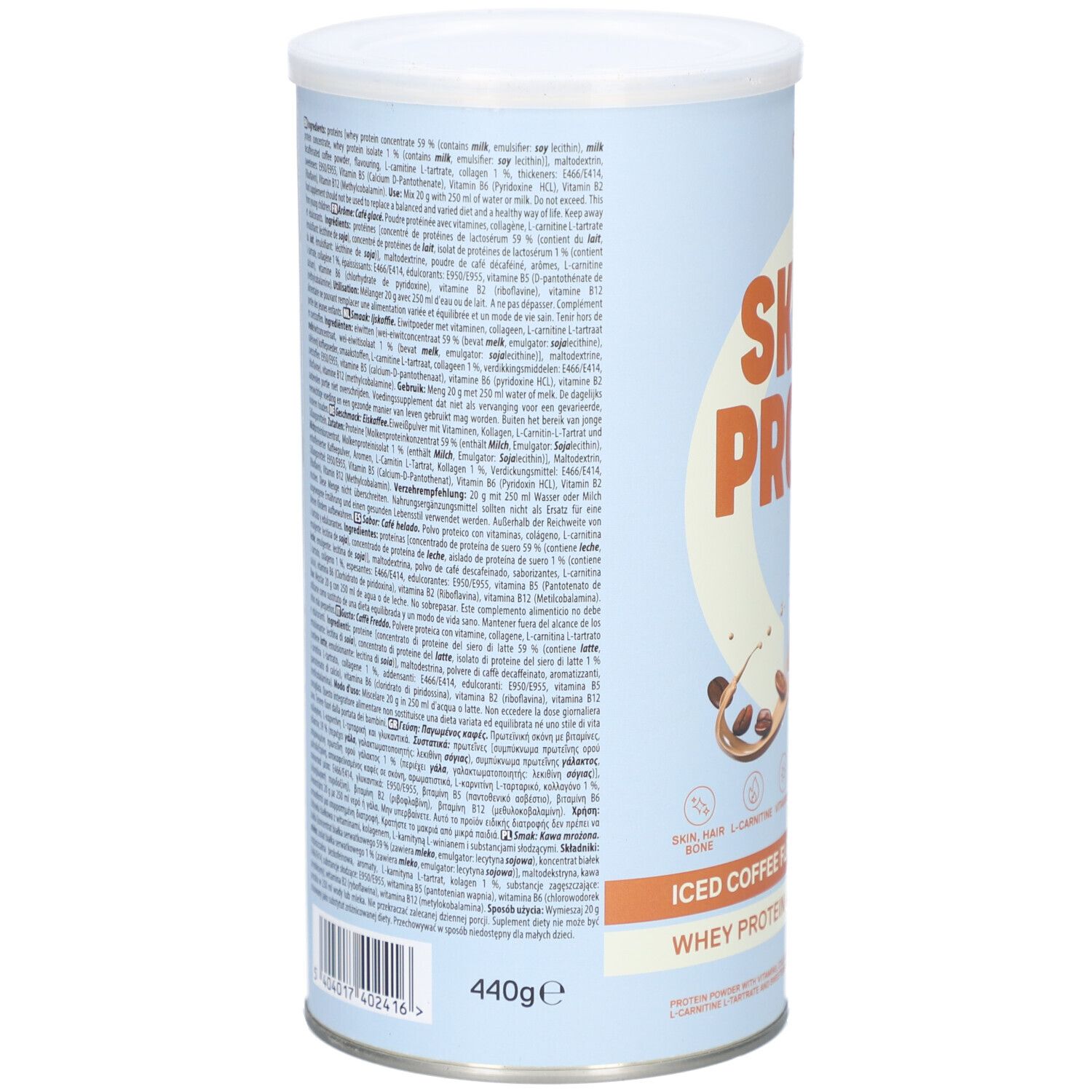 Zylindrische Dose, Rückseite. Text in mehreren Sprachen. Aufschrift: Skinny Protein, Iced Coffee Flavour, Whey Protein + Collagen. 440g.