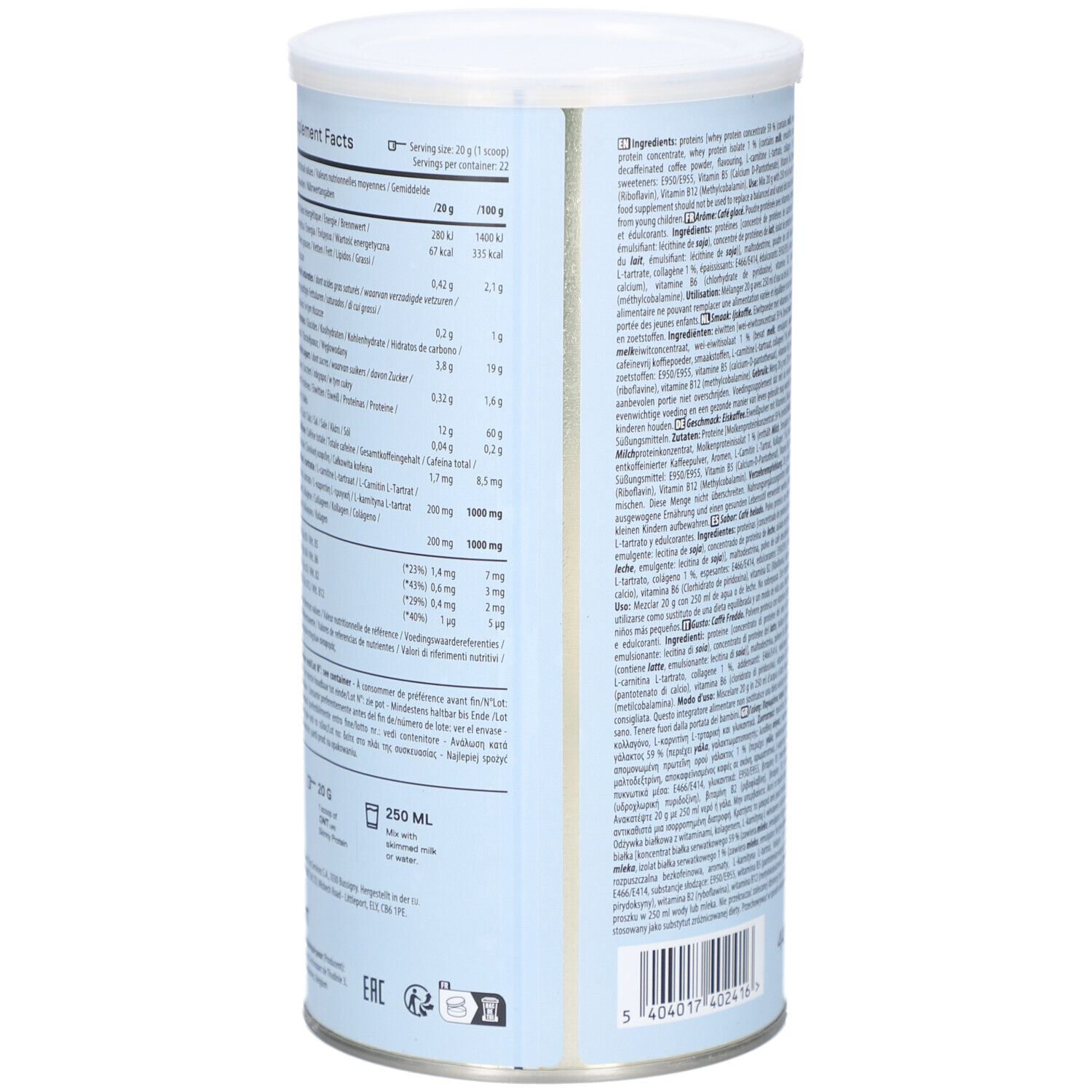 Zylindrische Dose, Seite. Nährwertangaben und Zutatenliste. Aufschrift: Skinny Protein, Iced Coffee Flavour, Whey Protein + Collagen.