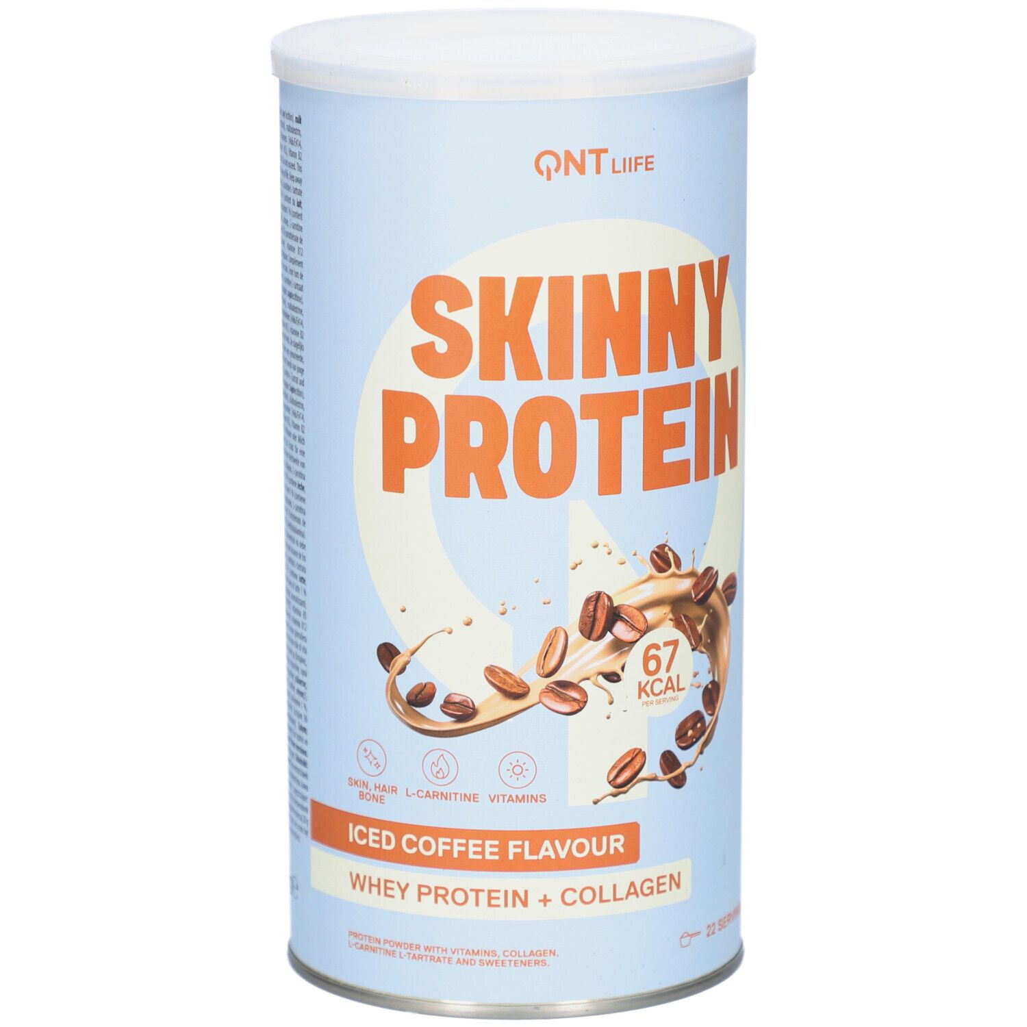 Zylindrische Dose mit weißem Deckel. Aufschrift: Skinny Protein, Iced Coffee Flavour, Whey Protein + Collagen. Abbildung von Kaffeebohnen.