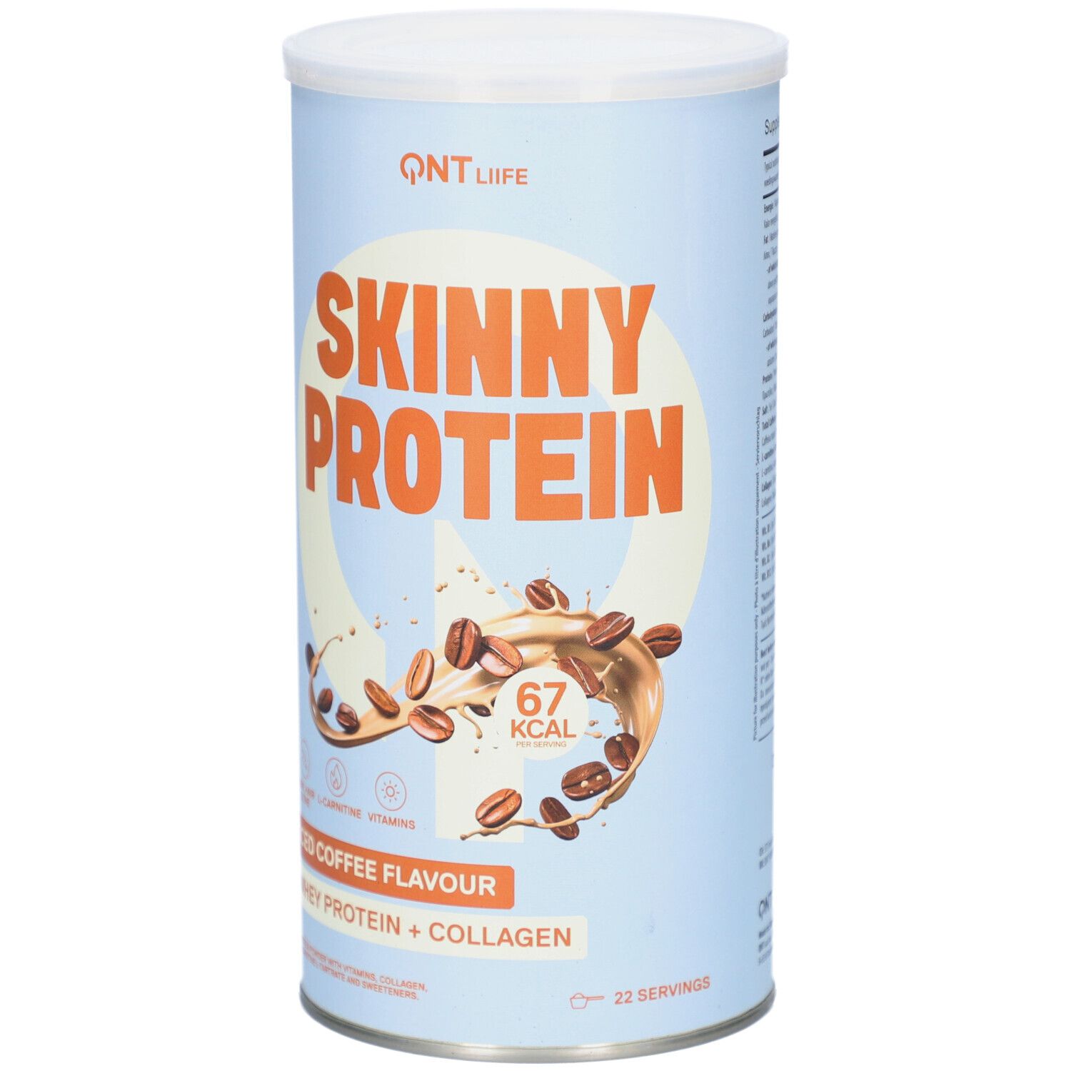 Zylindrische Dose mit weißem Deckel. Aufschrift: Skinny Protein, Iced Coffee Flavour, Whey Protein + Collagen. Abbildung von Kaffeebohnen.