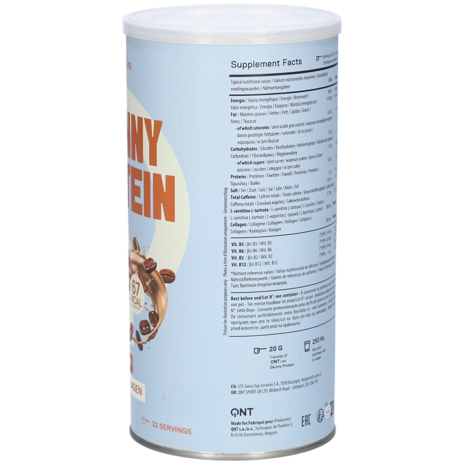 Zylindrische Dose, Seite. Nährwertangaben und Zutatenliste. Aufschrift: Skinny Protein, Iced Coffee Flavour, Whey Protein + Collagen.