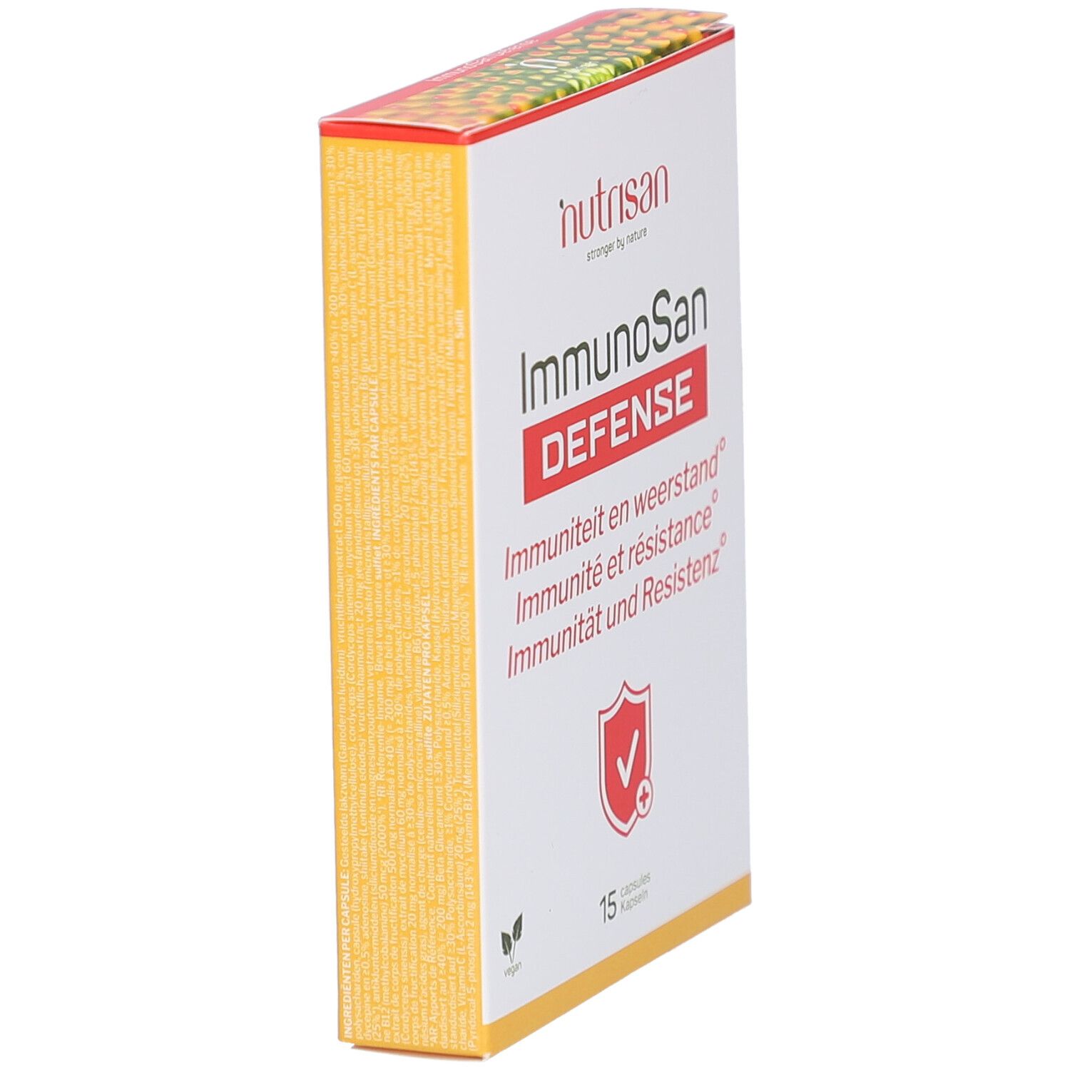Schräg gestellte weiße Kartonverpackung mit Nutrisan-Logo und ImmunoSan Defense. Gelbe Seiten.