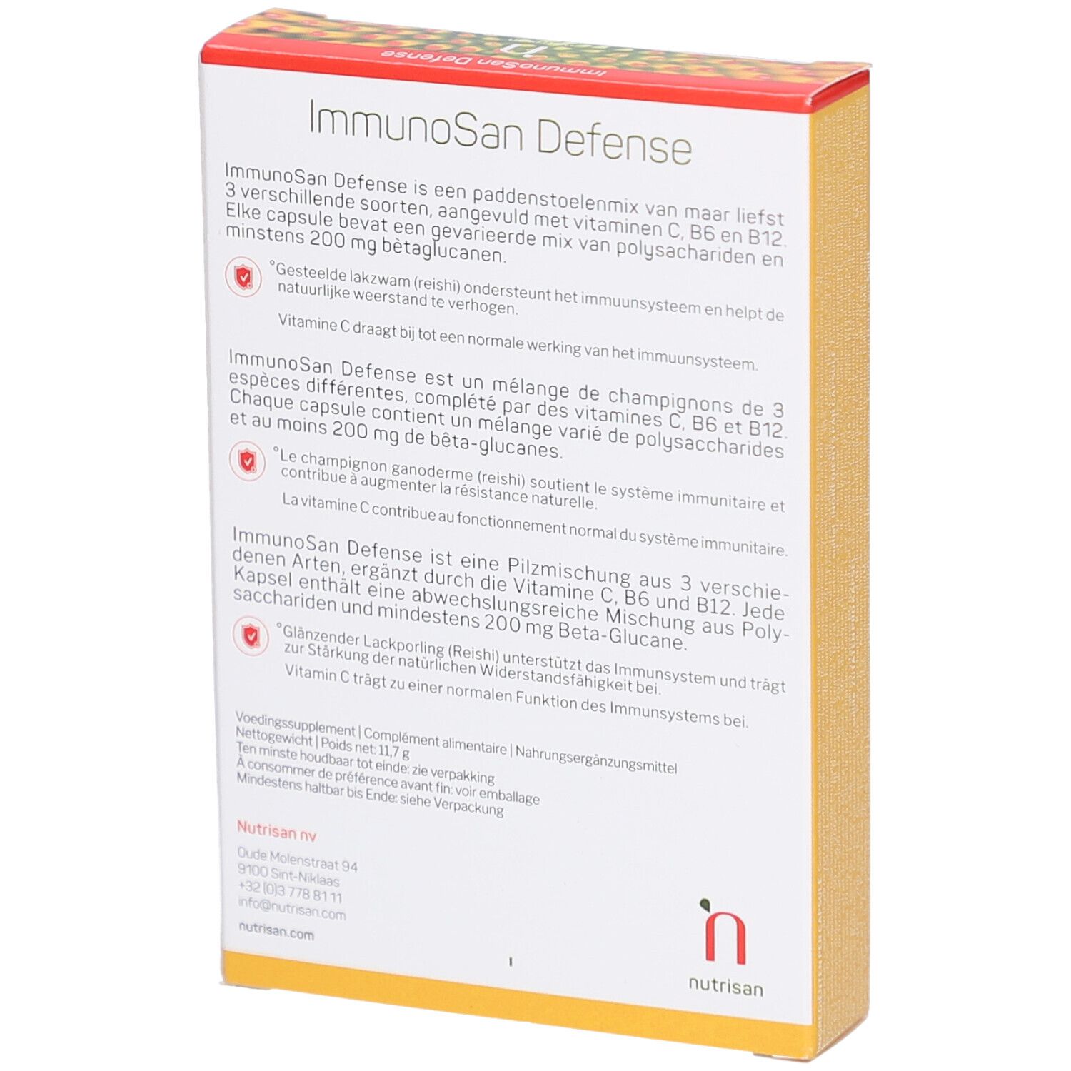 Rückseite der Kartonverpackung mit Produktinformationen in mehreren Sprachen. Nutrisan-Logo.