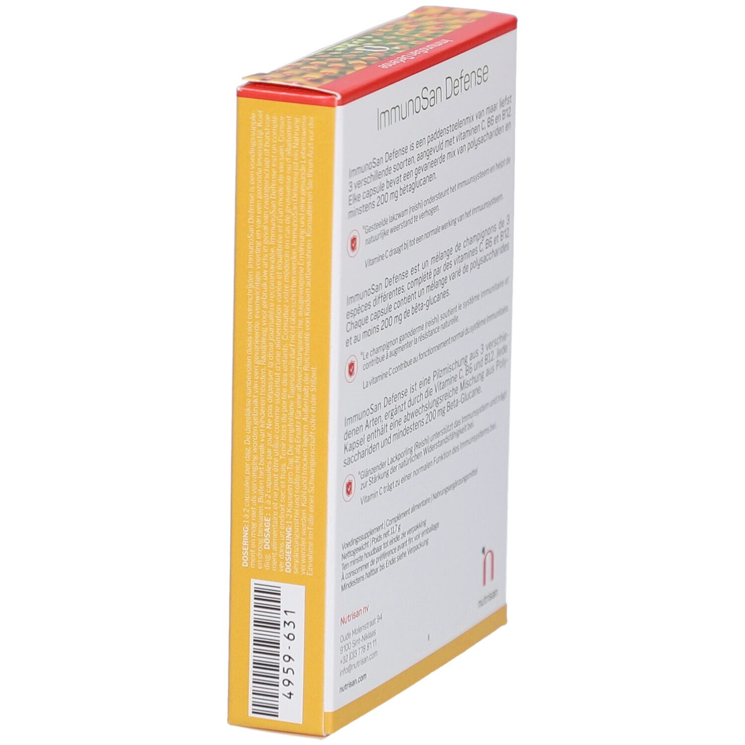 Schräg gestellte Kartonverpackung mit Produktinformationen und Barcode. Nutrisan-Logo.