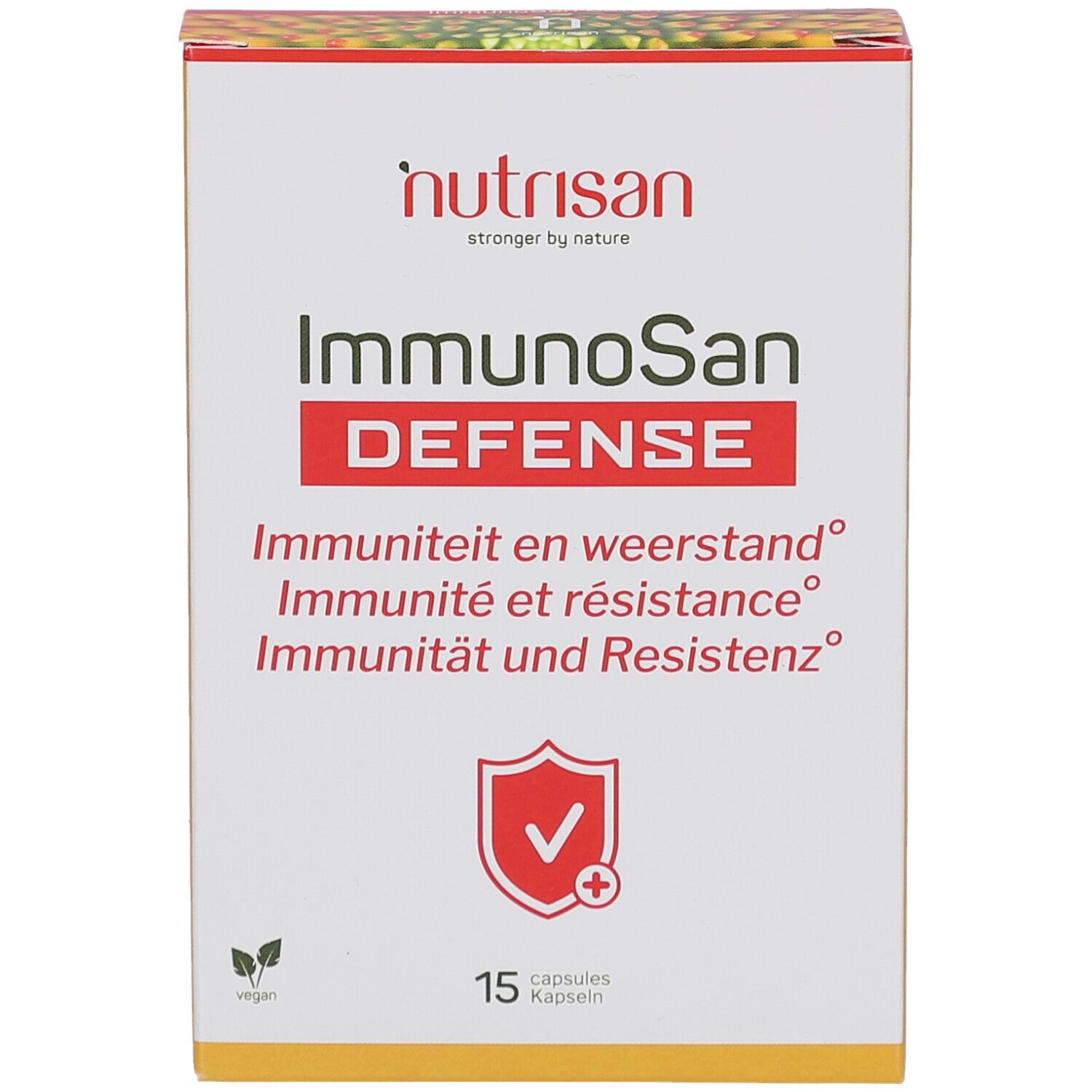 Weiße Kartonverpackung mit Nutrisan-Logo und Produktnamen ImmunoSan Defense. 15 Kapseln, vegan.