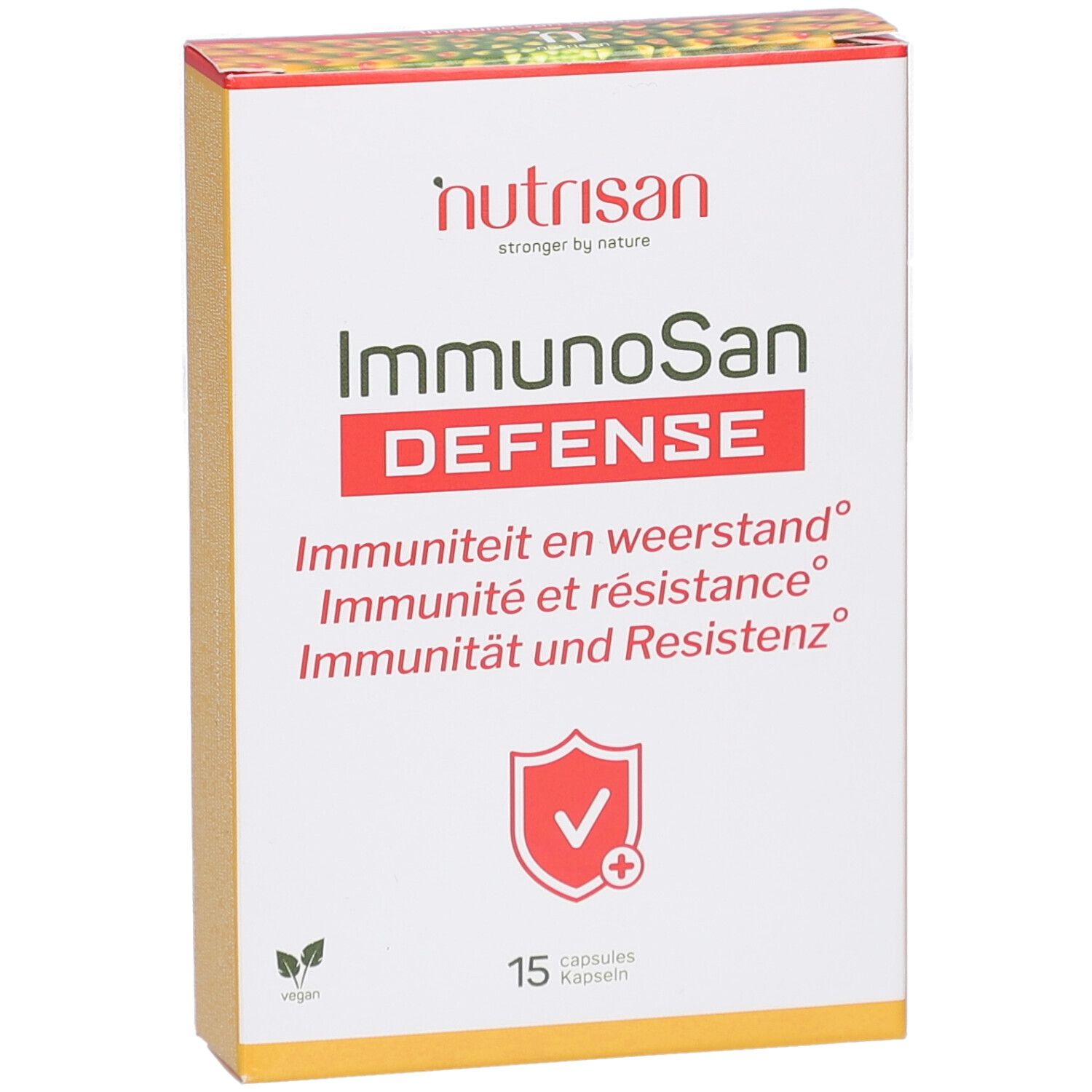 Weiße Kartonverpackung mit Nutrisan-Logo und Produktnamen ImmunoSan Defense. 15 Kapseln, vegan.