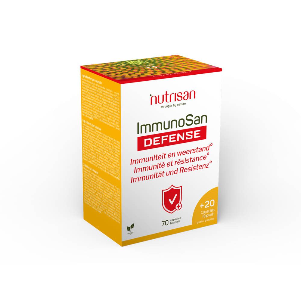 Boîte Nutrisan ImmunoSan Defense. Contient 70 gélules + 20 gratuites. Inscriptions en allemand, français, néerlandais.