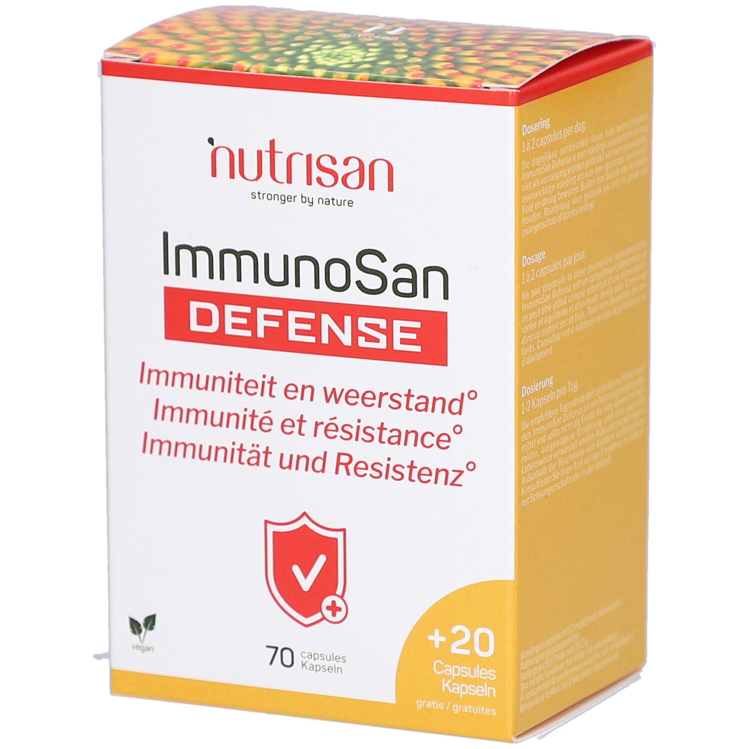 Weiß-gelbe Schachtel mit Nutrisan ImmunoSan Defense. Enthält 70 Kapseln + 20 gratis. Aufdrucke in Deutsch, Französisch, Niederländisch.