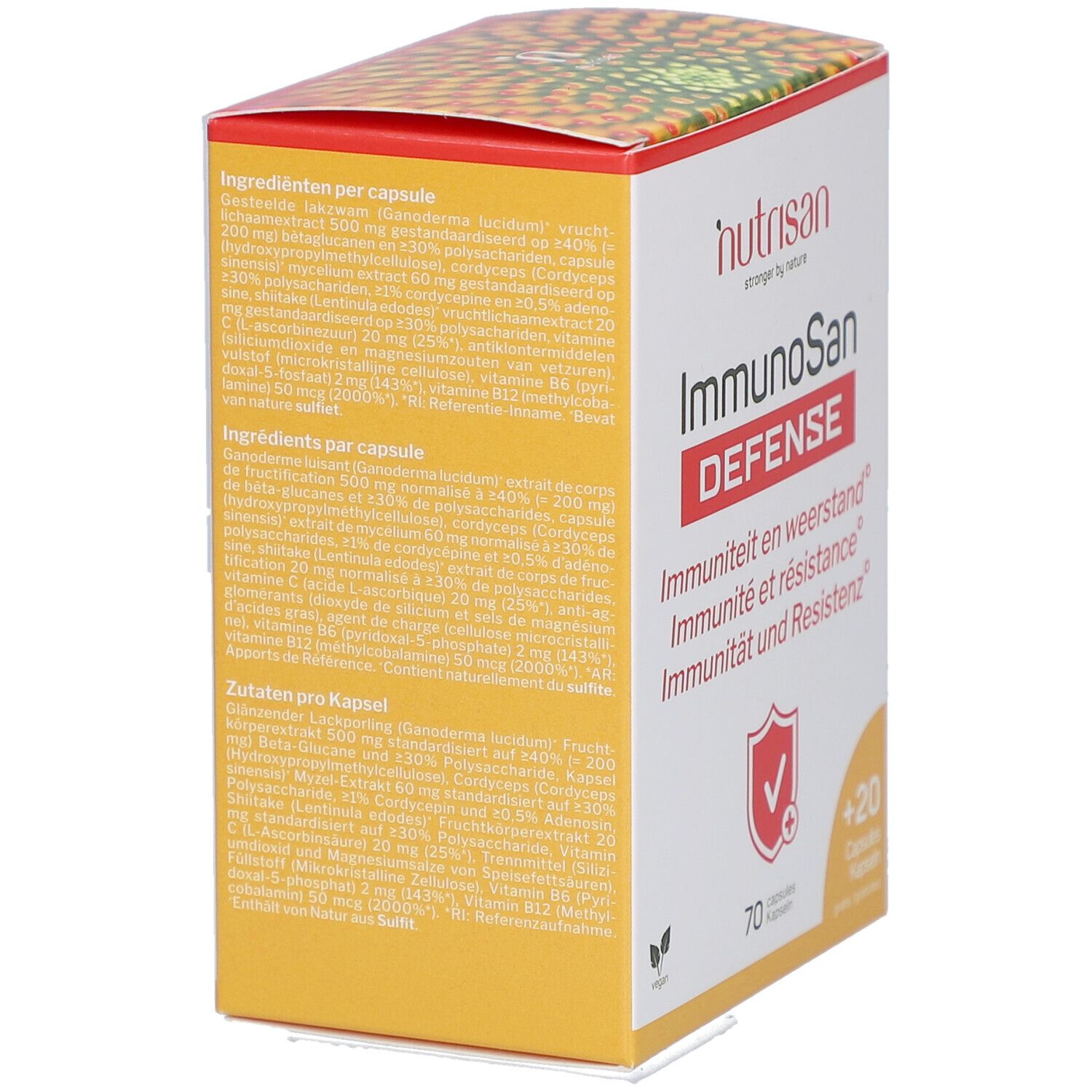 Gelbe Schachtel mit Inhaltsangaben von Nutrisan ImmunoSan Defense. Text in Deutsch, Französisch, Niederländisch. Zutaten pro Kapsel.
