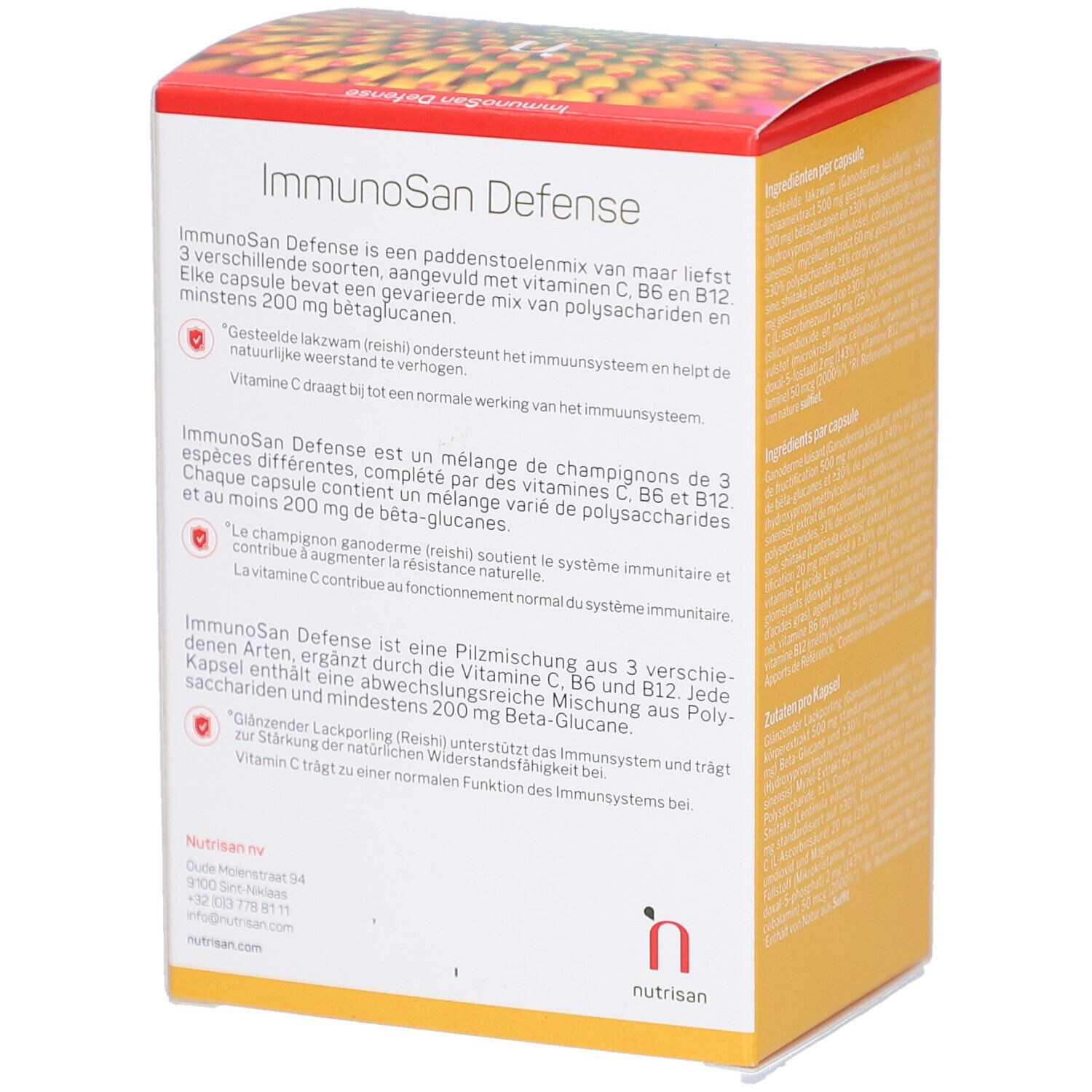 Gelbe Schachtel mit Text über Nutrisan ImmunoSan Defense. Text in Deutsch, Französisch, Niederländisch. Informationen zu Inhaltsstoffen.