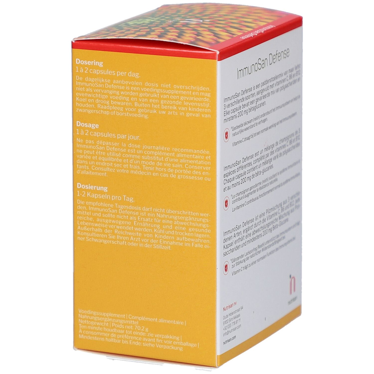 Gelbe Schachtel mit Dosierungsangaben für Nutrisan ImmunoSan Defense. Text in Deutsch, Französisch, Niederländisch. 1-2 Kapseln pro Tag.
