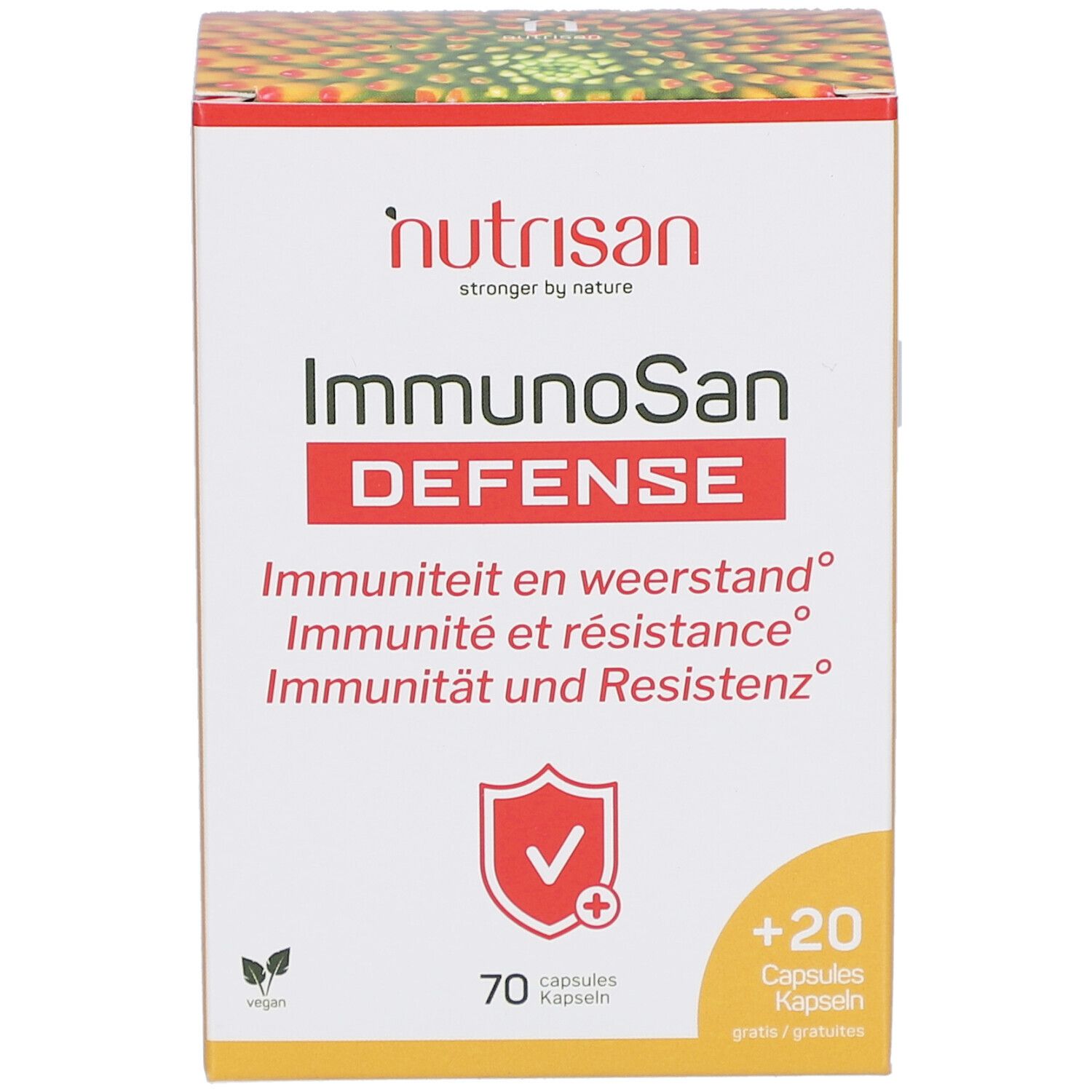 Weiße Schachtel mit Nutrisan ImmunoSan Defense. Enthält 70 Kapseln + 20 gratis. Aufdrucke in Deutsch, Französisch, Niederländisch.