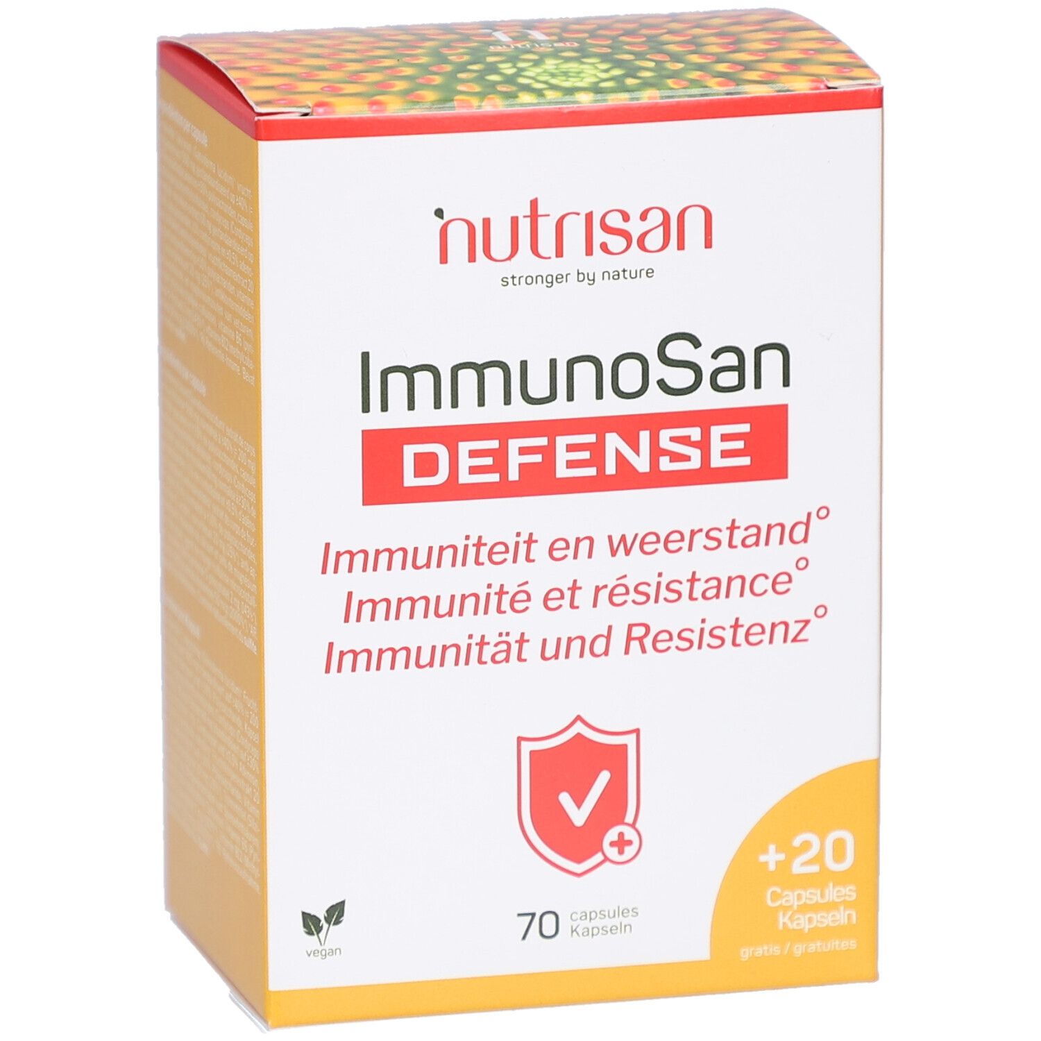 Weiße Schachtel mit Nutrisan ImmunoSan Defense. Enthält 70 Kapseln + 20 gratis. Aufdrucke in Deutsch, Französisch, Niederländisch.