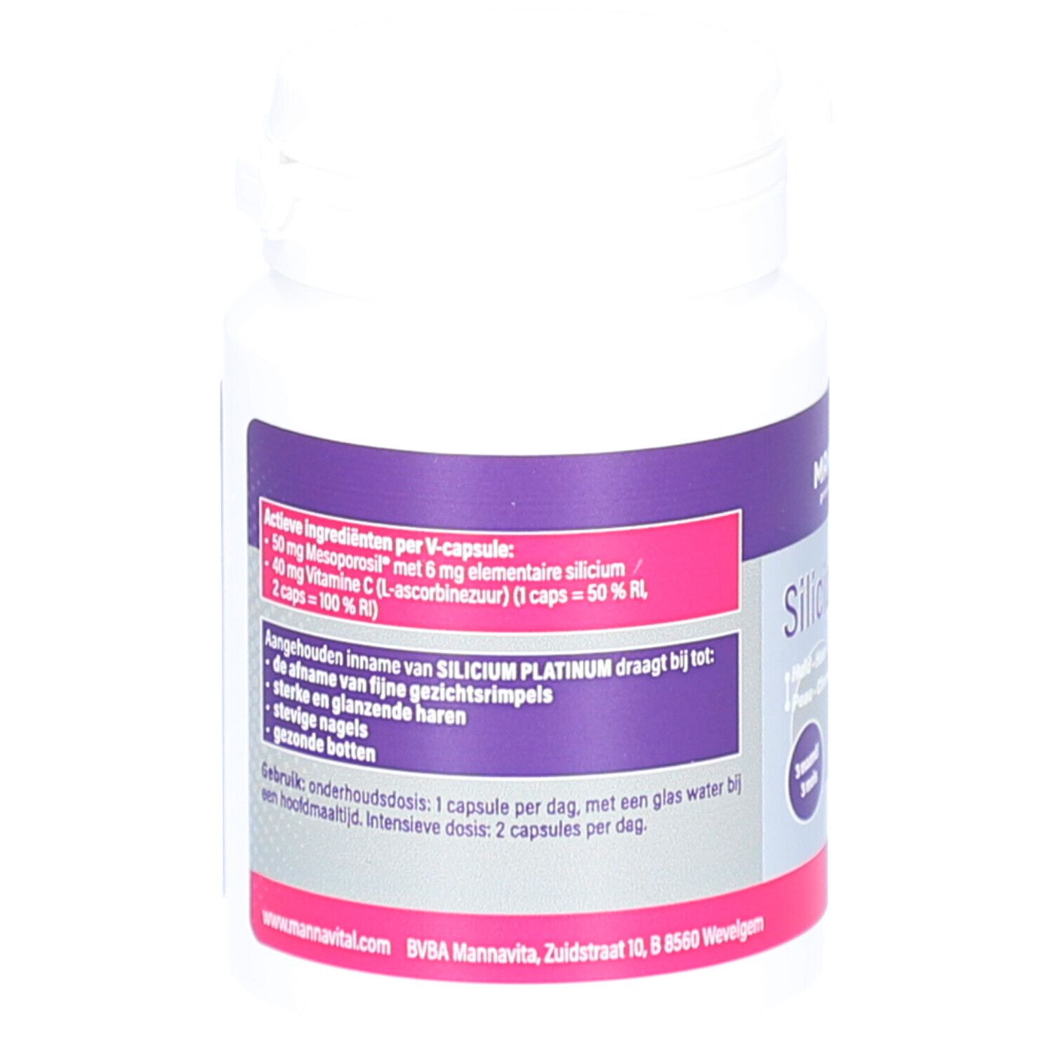 Rückseite der weißen Flasche mit lila Etikett. Enthält Informationen zu Inhaltsstoffen und Anwendung.