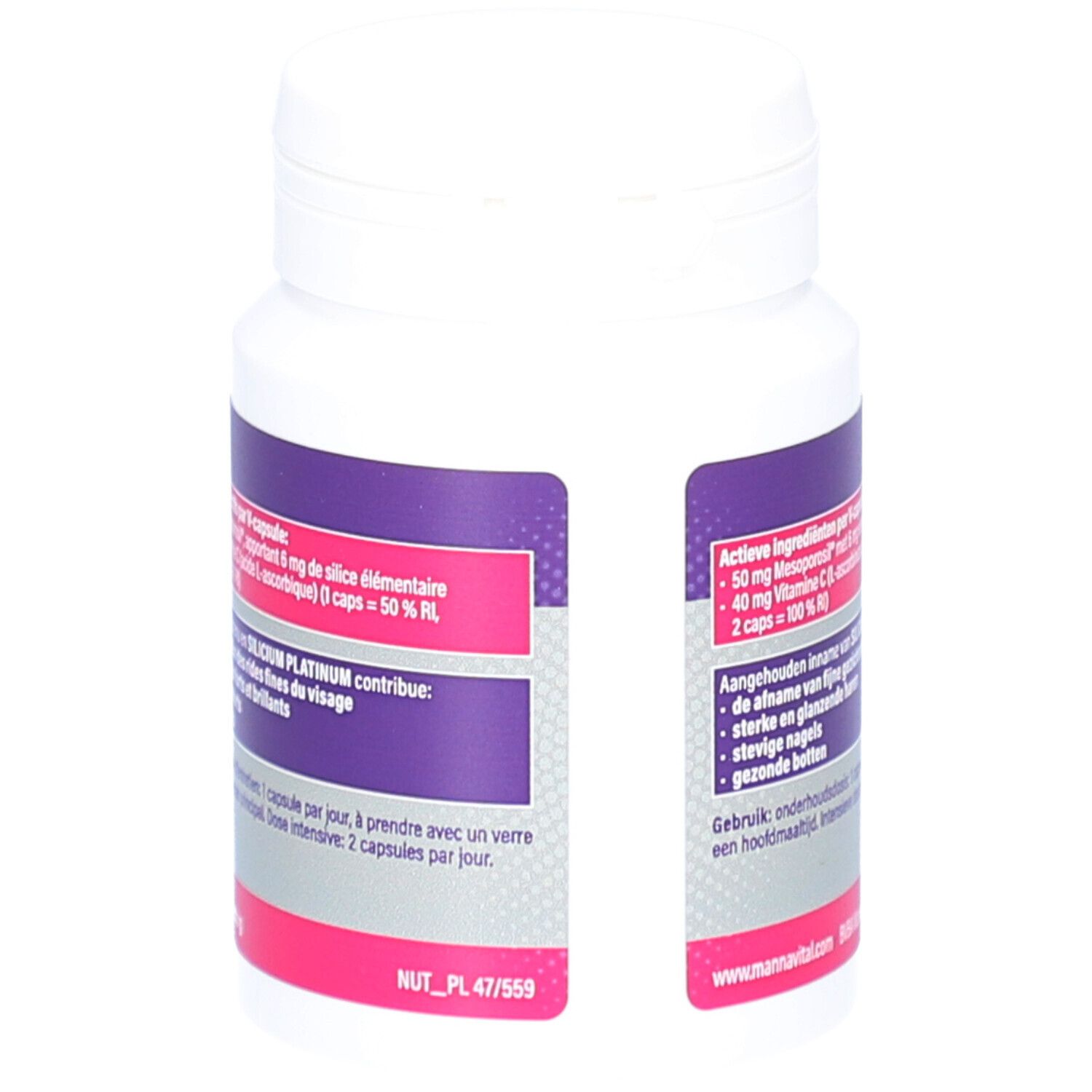 Rückseite der weißen Flasche mit lila Etikett. Enthält Informationen zu Inhaltsstoffen und Anwendung.