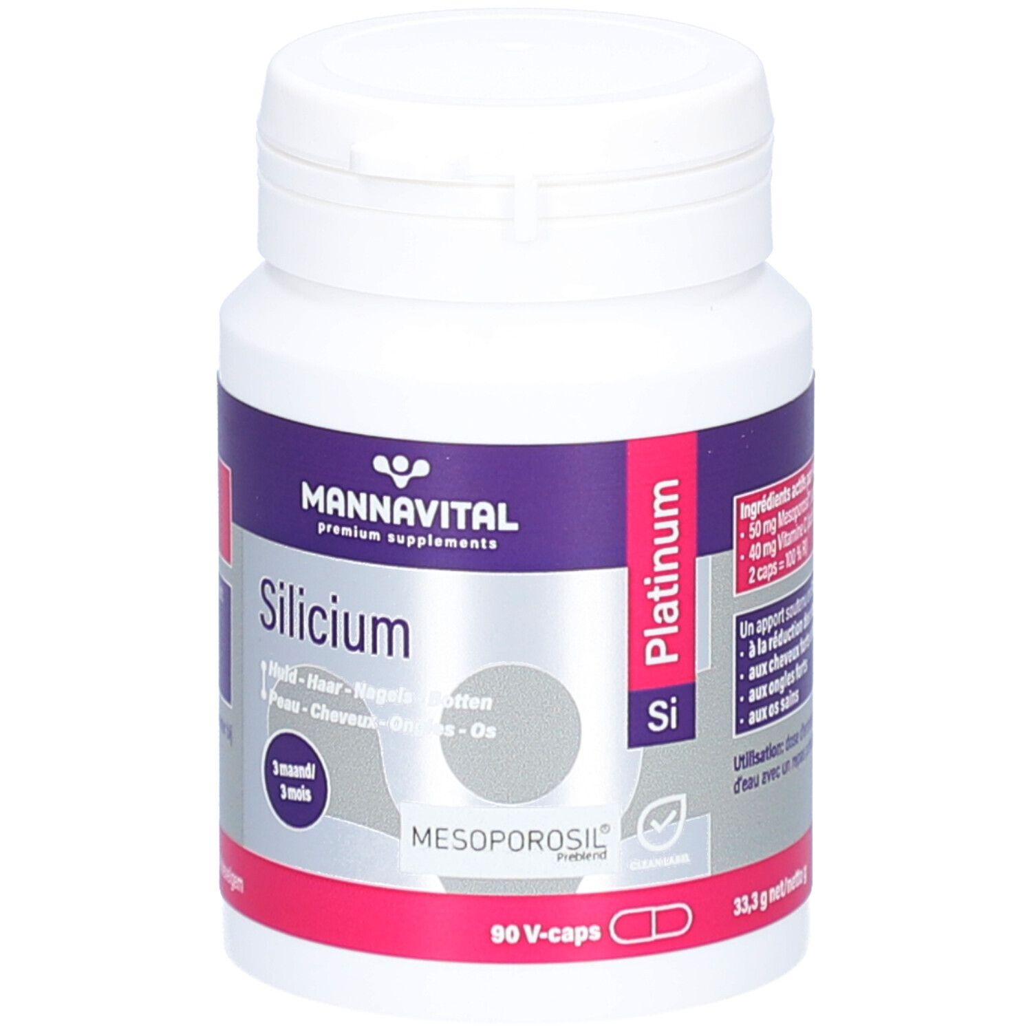 Weiße Flasche mit lila Etikett. Aufschrift: Mannavital Silicium, 90 V-Caps. Enthält Mesoporosil.