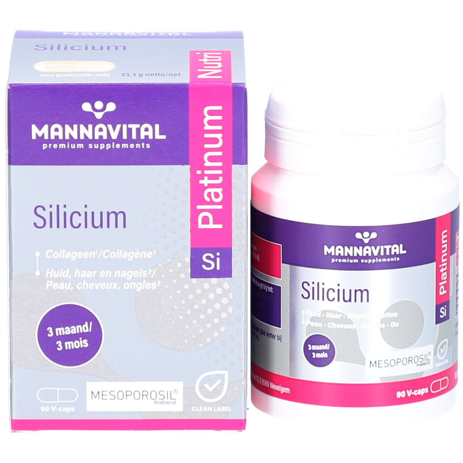 Produktpackung mit Flasche und Karton. Aufschrift: Mannavital Silicium, 90 V-Caps. Enthält Mesoporosil.