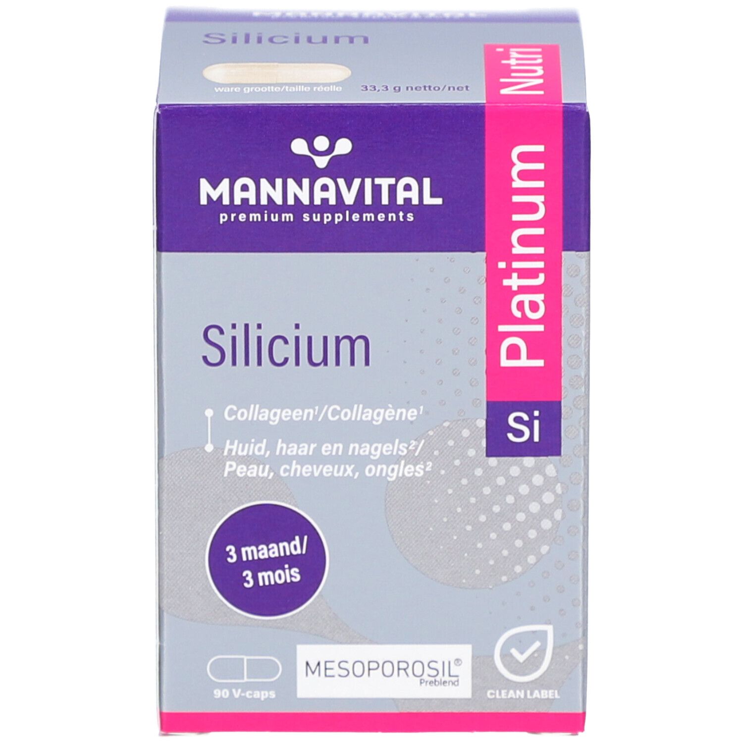 Karton mit Aufschrift: Mannavital Silicium, 90 V-Caps. Enthält Mesoporosil.