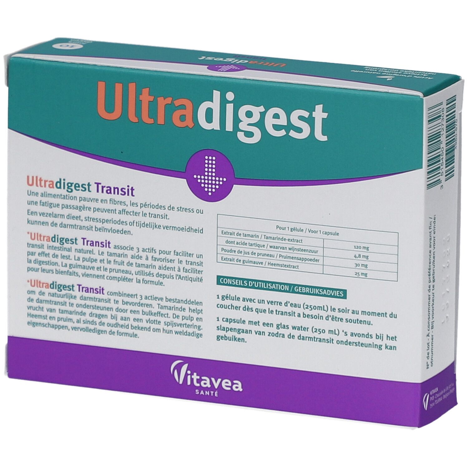 Dos de la boîte Ultradigest Transit. Contient des informations sur les ingrédients et l'utilisation. Texte en allemand, français et néerlandais.