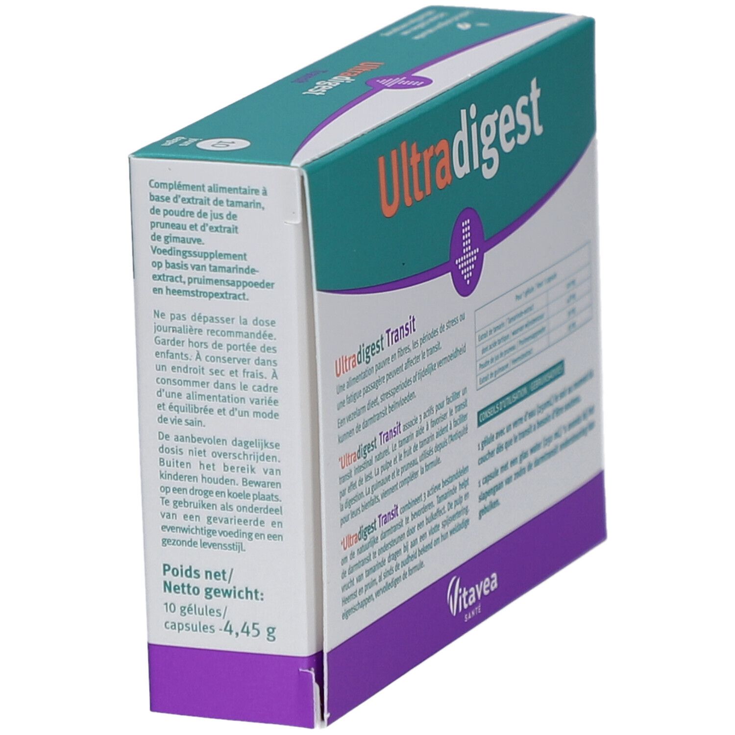 Vue en biais de la boîte avec informations sur les ingrédients et l'utilisation. Texte en allemand, français et néerlandais. Vert, blanc et violet.