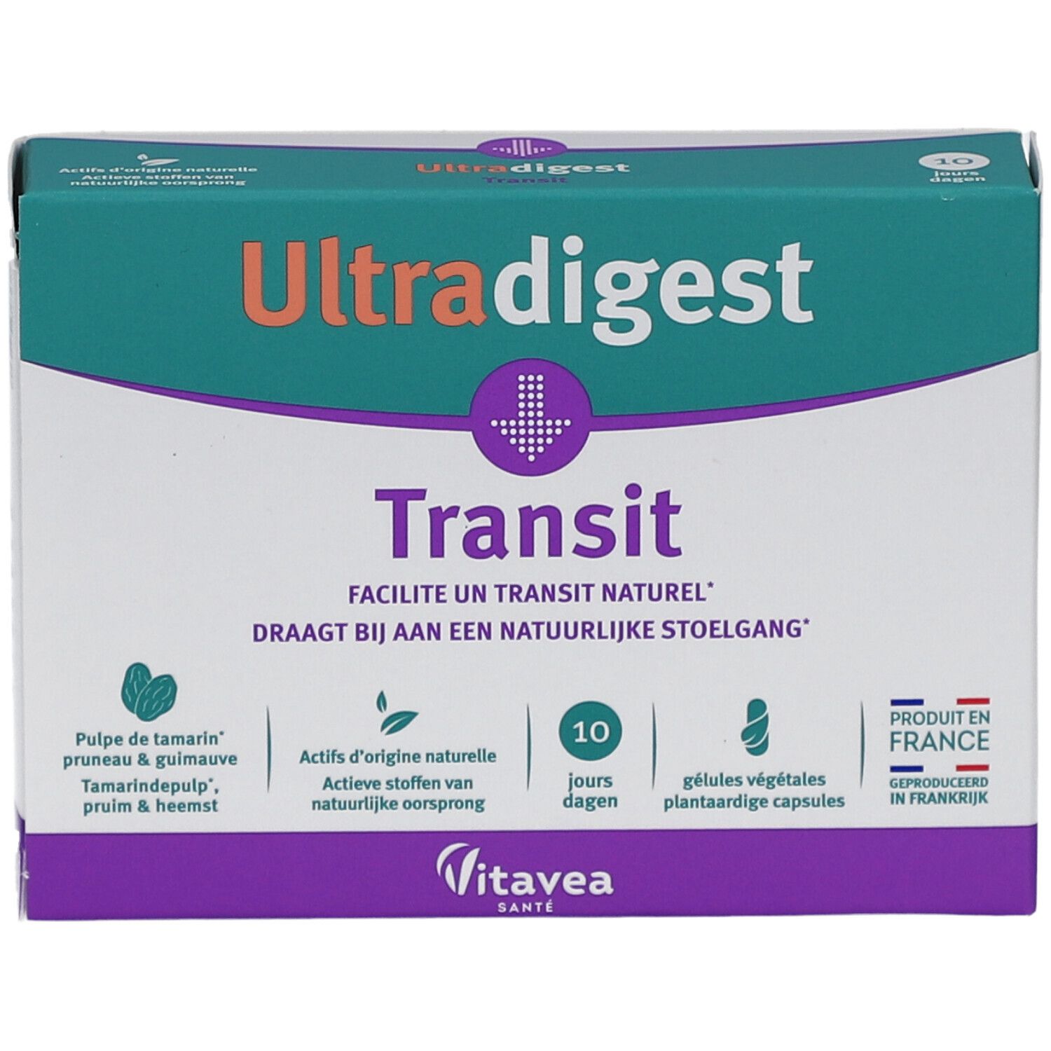 Boîte Ultradigest Transit, 10 gélules. Design vert, blanc et violet. Inscriptions en allemand, français et néerlandais. Fabriqué en France.