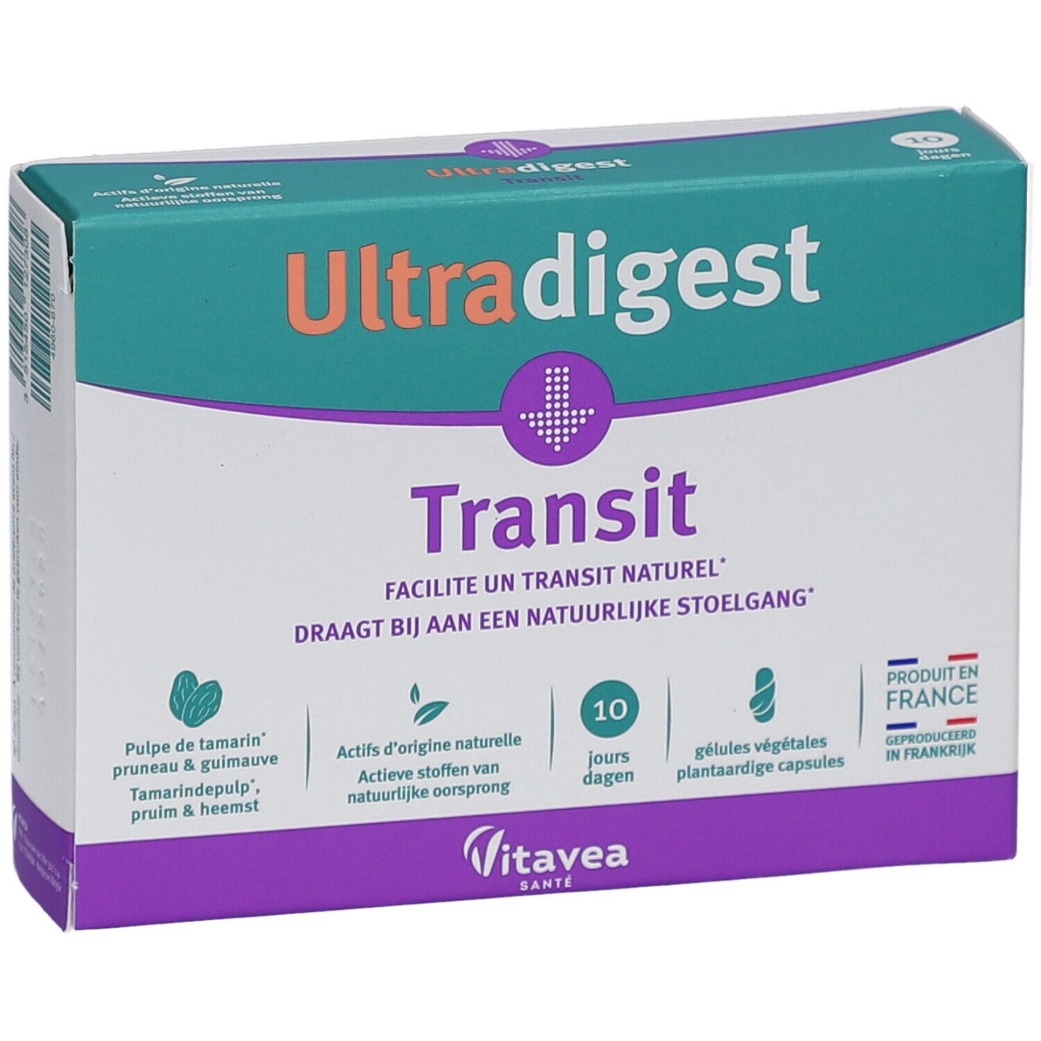 Boîte Ultradigest Transit, 10 gélules. Design vert, blanc et violet. Inscriptions en allemand, français et néerlandais. Fabriqué en France.