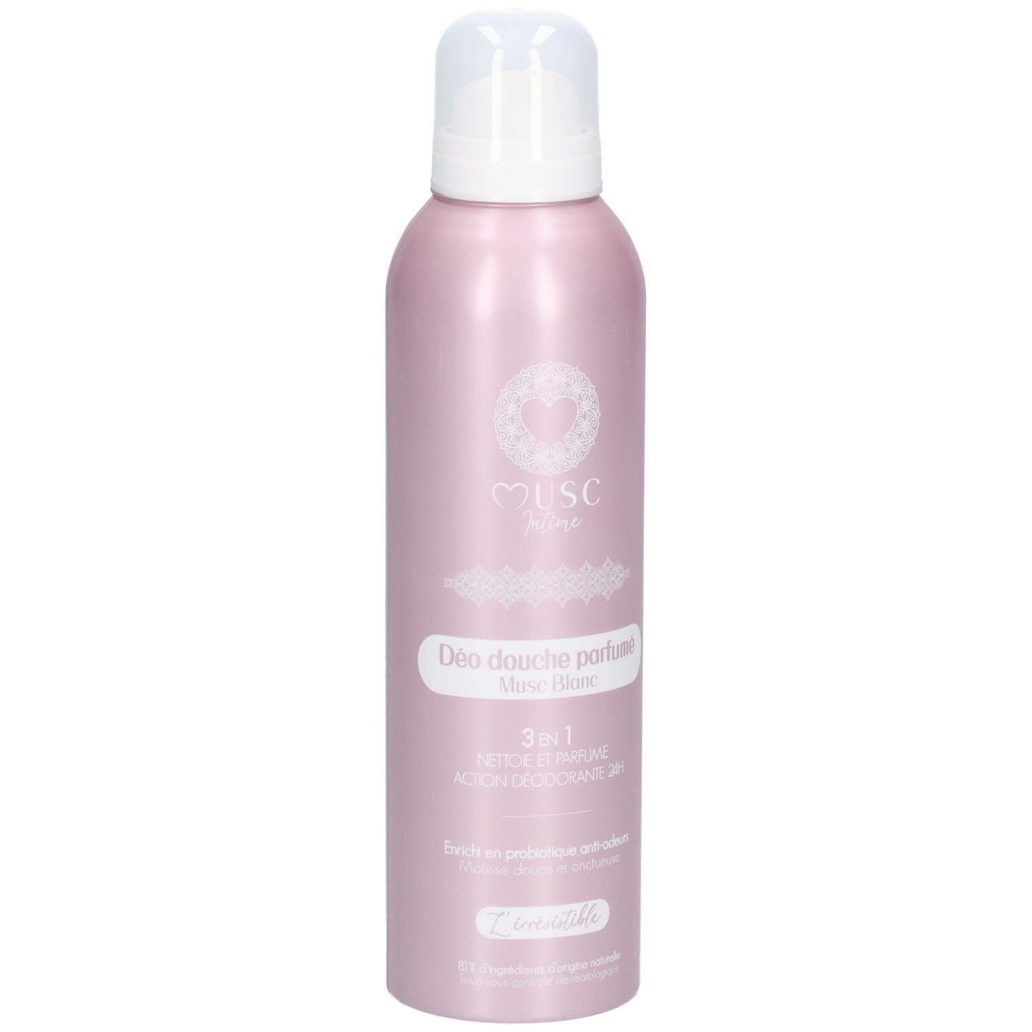 Rosa Deodorant-Douche-Flasche mit weißem Pumpkopf. Aufschrift: Musc, Déodorant Douche parfumé, 3en1. Produktname: Musc Blanc.