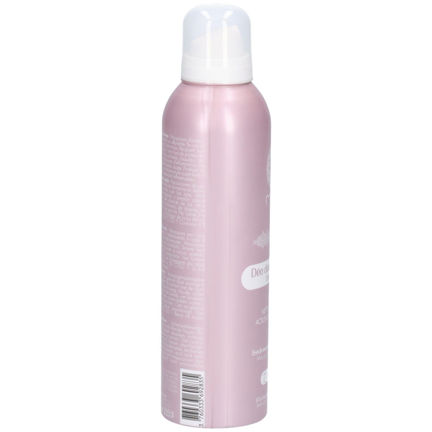 Rosa Deodorant-Douche-Flasche, Seitenansicht. Weißer Pumpkopf. Text auf der Flasche.