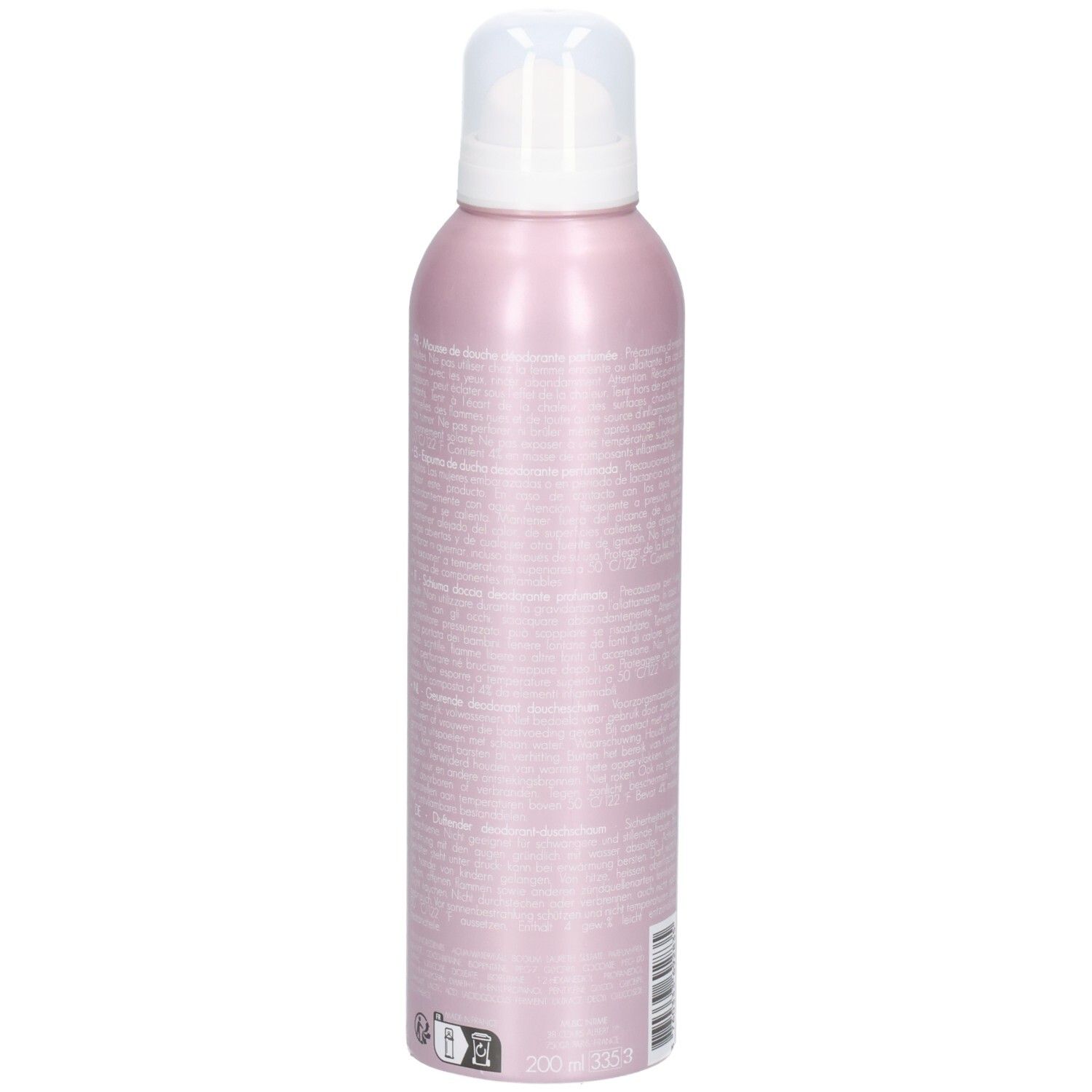 Rosa Deodorant-Douche-Flasche, Seitenansicht. Weißer Pumpkopf. Text auf der Flasche.