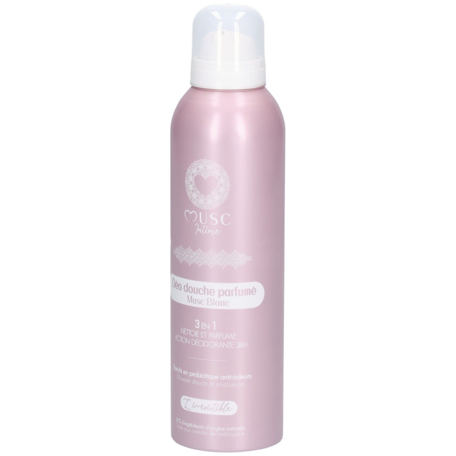 Rosa Deodorant-Douche-Flasche mit weißem Pumpkopf. Aufschrift: Musc, Déodorant Douche parfumé, 3en1. Produktname: Musc Blanc.