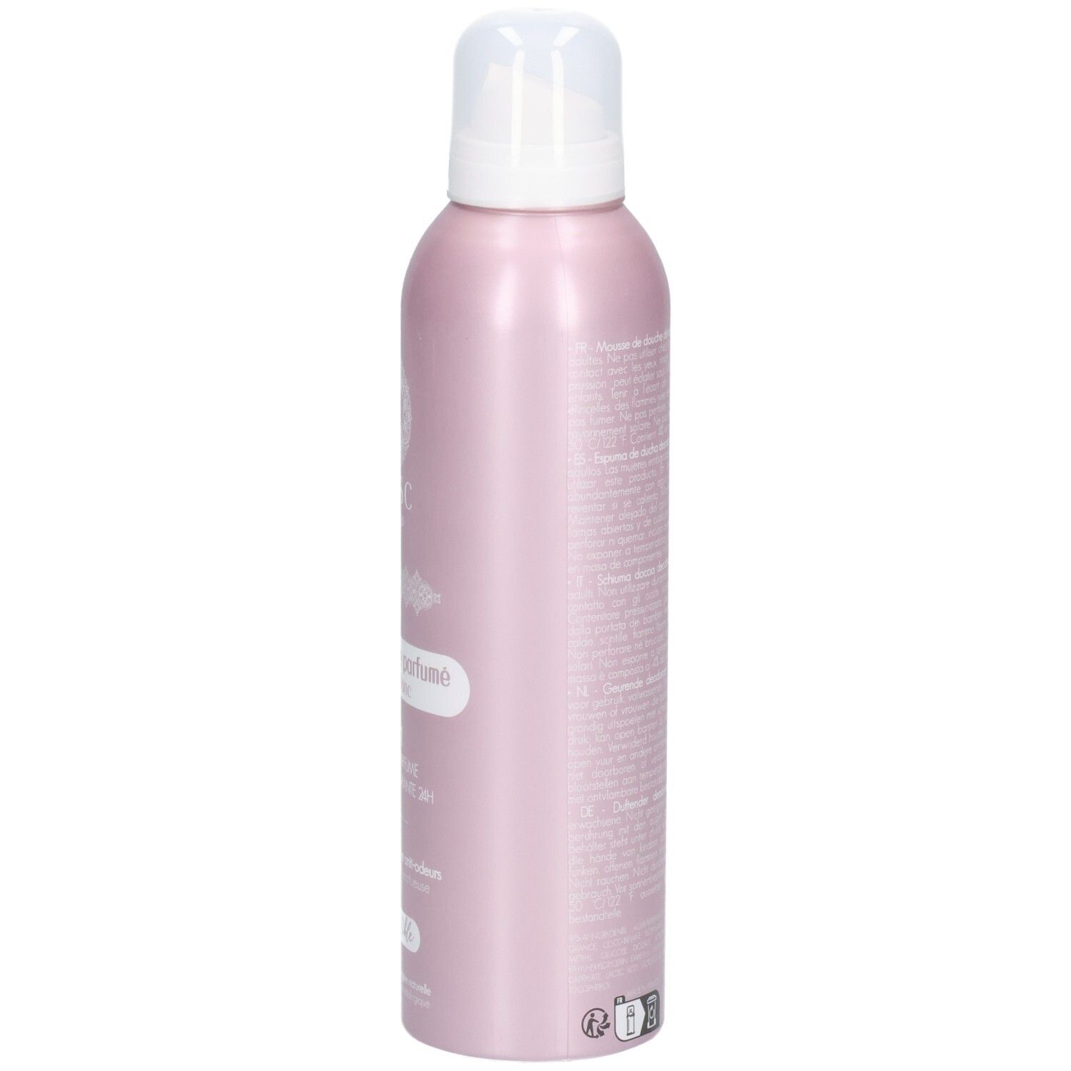 Rosa Deodorant-Douche-Flasche, Seitenansicht. Weißer Pumpkopf. Text auf der Flasche.