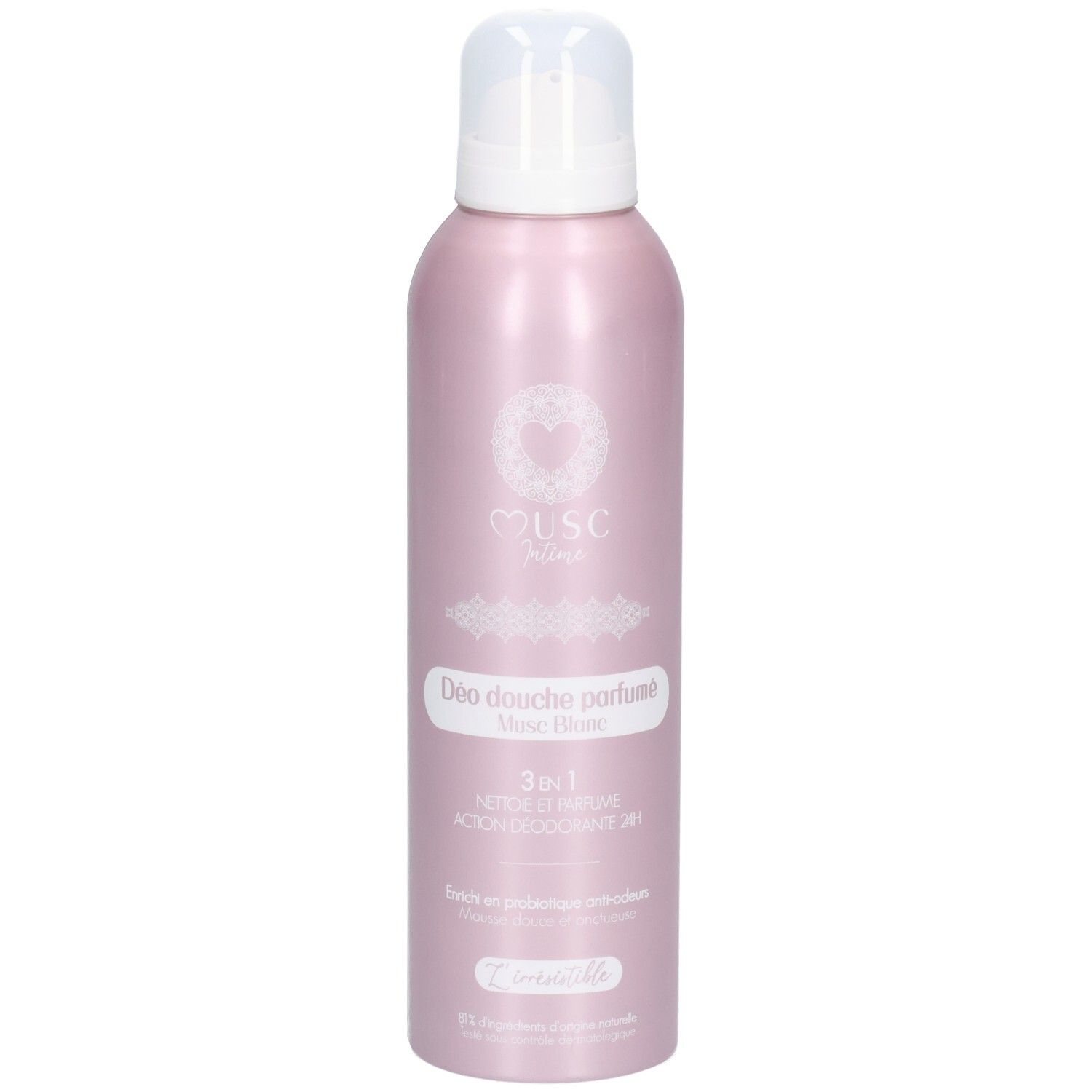 Rosa Deodorant-Douche-Flasche mit weißem Pumpkopf. Aufschrift: Musc, Déodorant Douche parfumé, 3en1. Produktname: Musc Blanc.