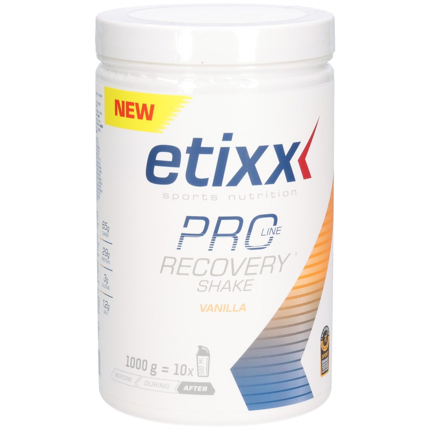 Weißer Behälter mit Etixx Pro Line Recovery Shake Vanilla. Aufschrift "NEW". 1000g. Sportnahrung.