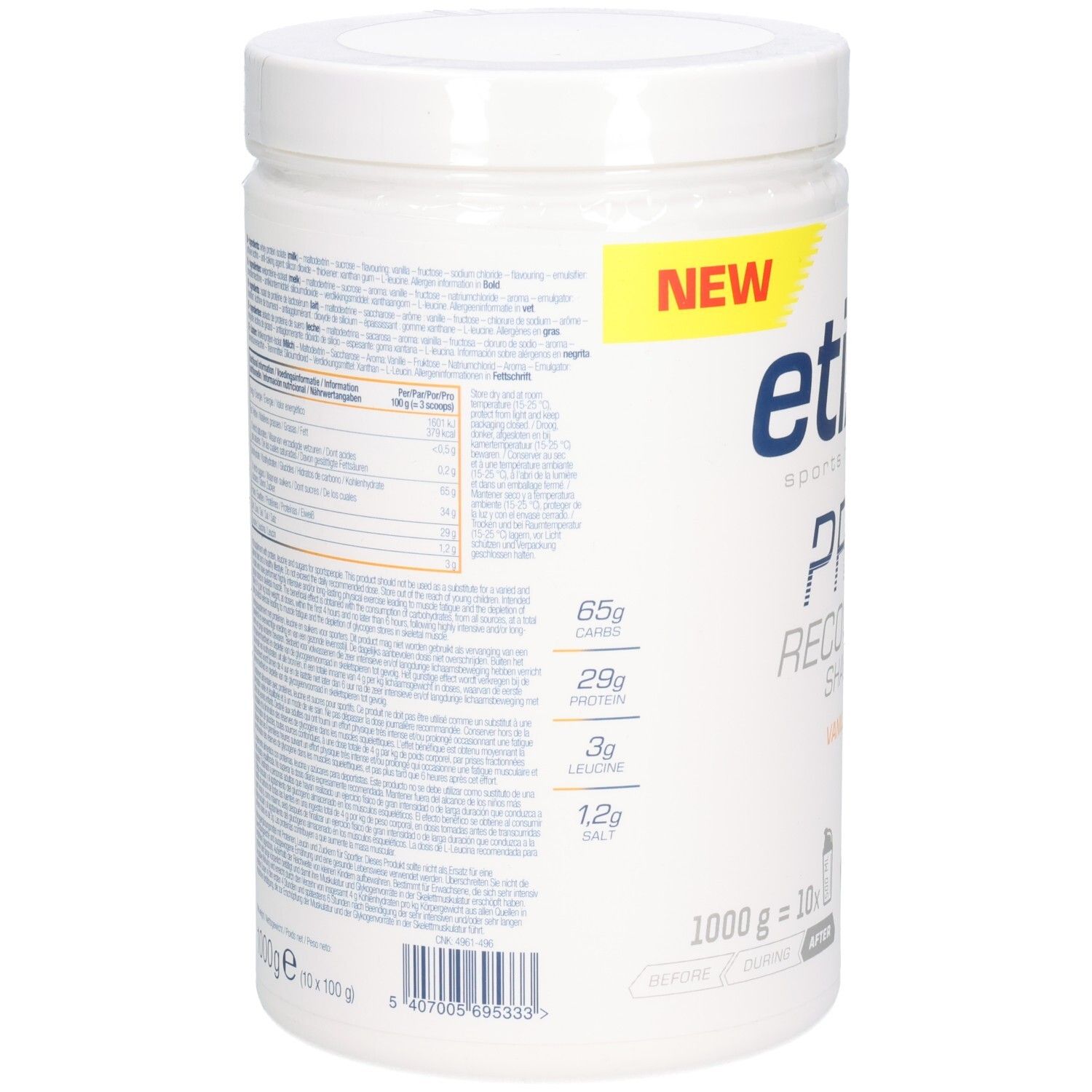 Rückseite des weißen Behälters. Enthält Nährwertangaben und Zutatenliste. Etixx Pro Line Recovery Shake Vanilla.