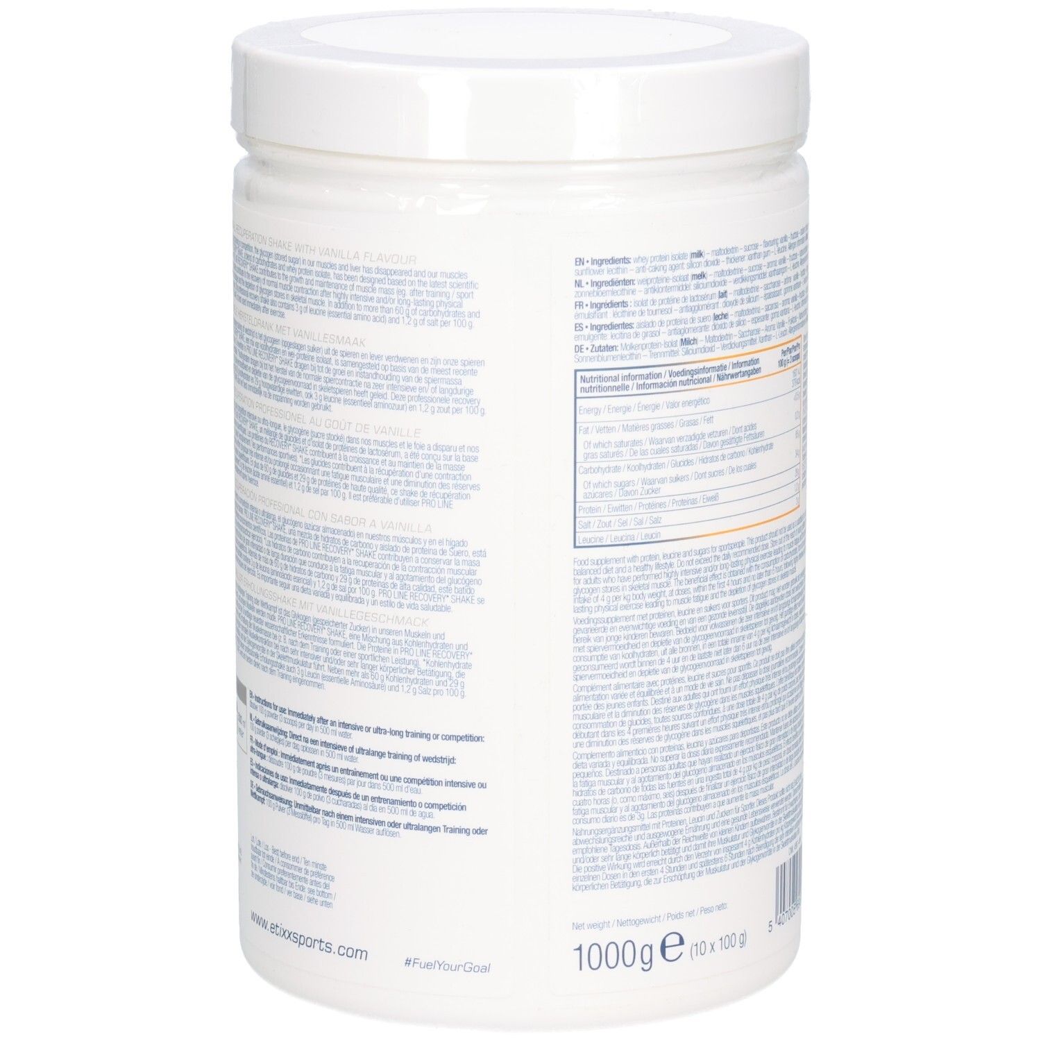 Rückseite des weißen Behälters. Text mit Informationen. Etixx Pro Line Recovery Shake Vanilla. 1000g.