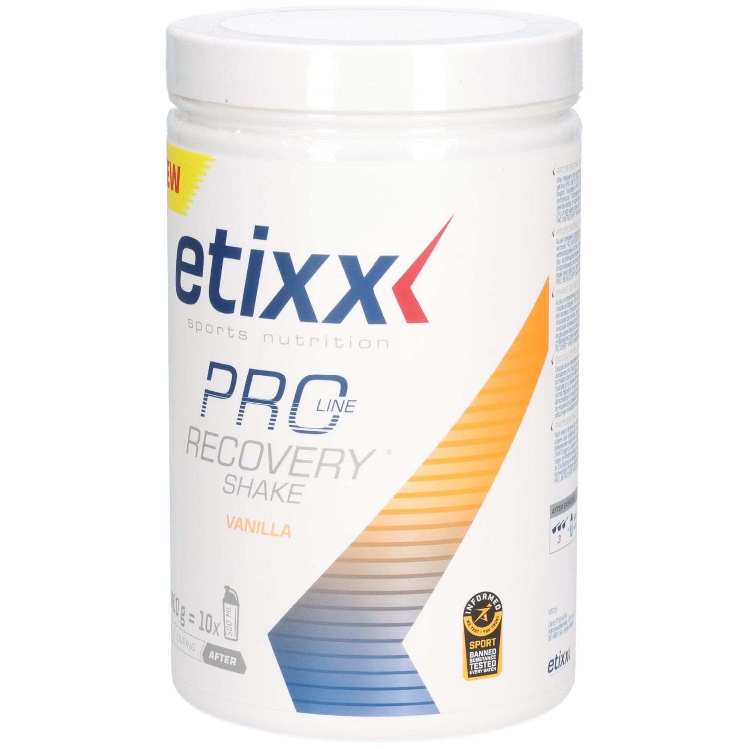 Weißer Behälter mit Etixx Pro Line Recovery Shake Vanilla. Aufschrift "NEW". 1000g. Sportnahrung.