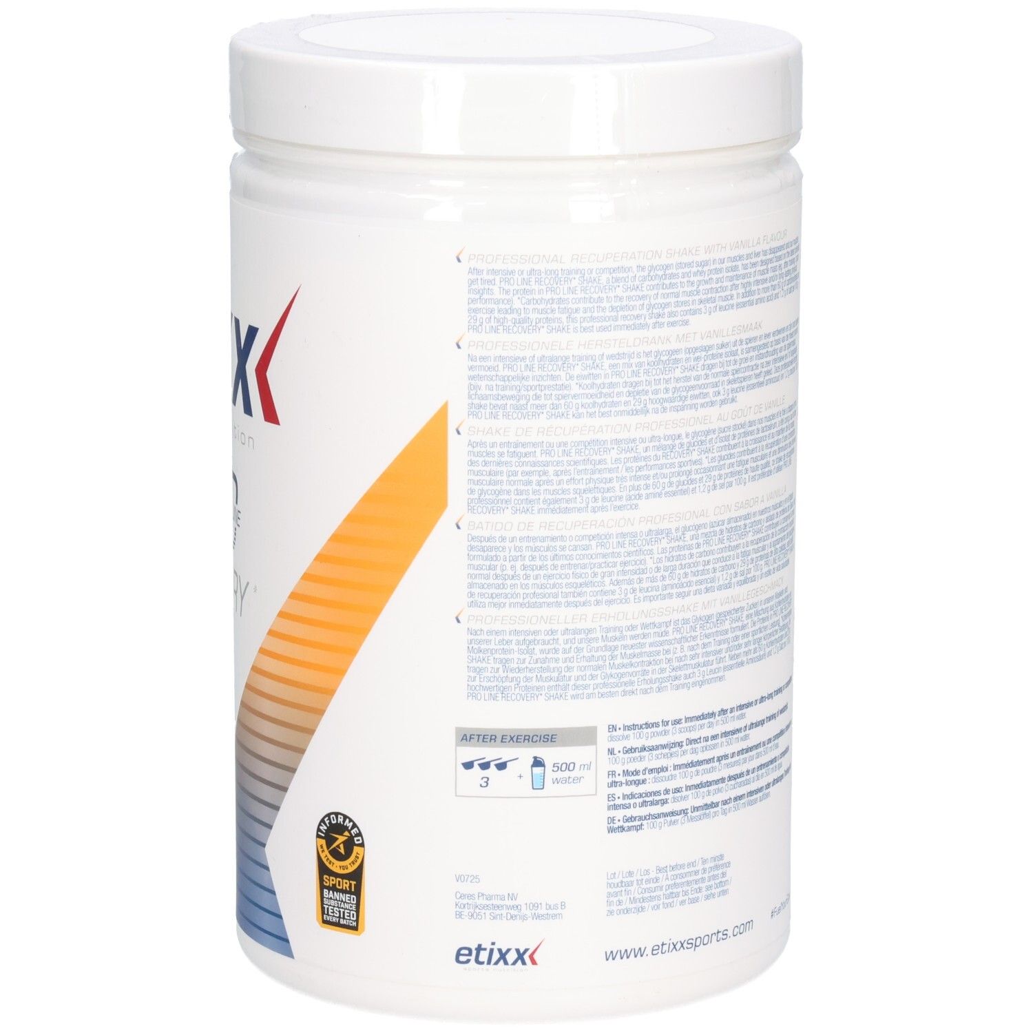 Rückseite des weißen Behälters. Text mit Informationen. Etixx Pro Line Recovery Shake Vanilla. 1000g.
