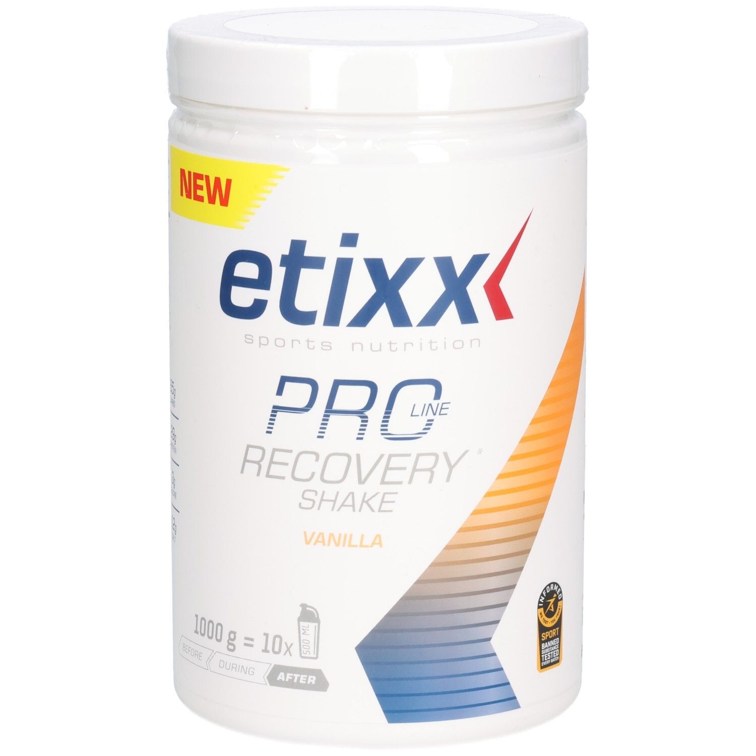 Weißer Behälter mit Etixx Pro Line Recovery Shake Vanilla. Aufschrift "NEW". 1000g. Sportnahrung.