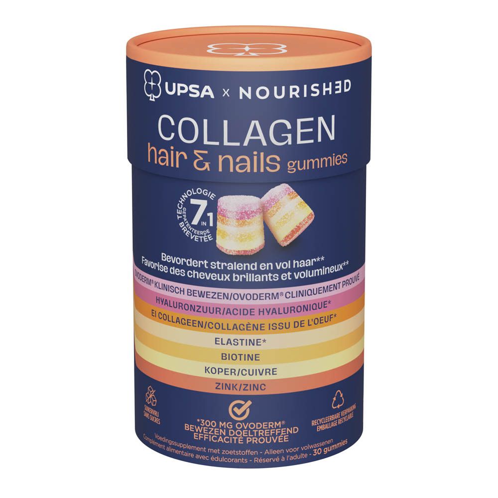Boîte cylindrique UPSA x Nourished Collagen Hair & Nails Gummies. Contient 30 gummies. Inscription : Technologie 7.1.